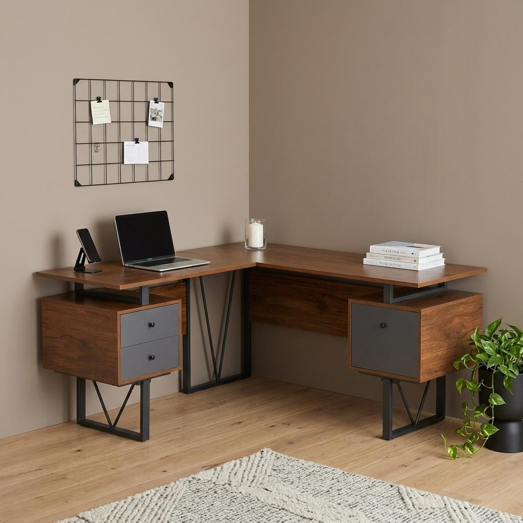 59" Walnut and Gray Wood and Steel L Shape Pedestal Computer Desk With Three Drawers