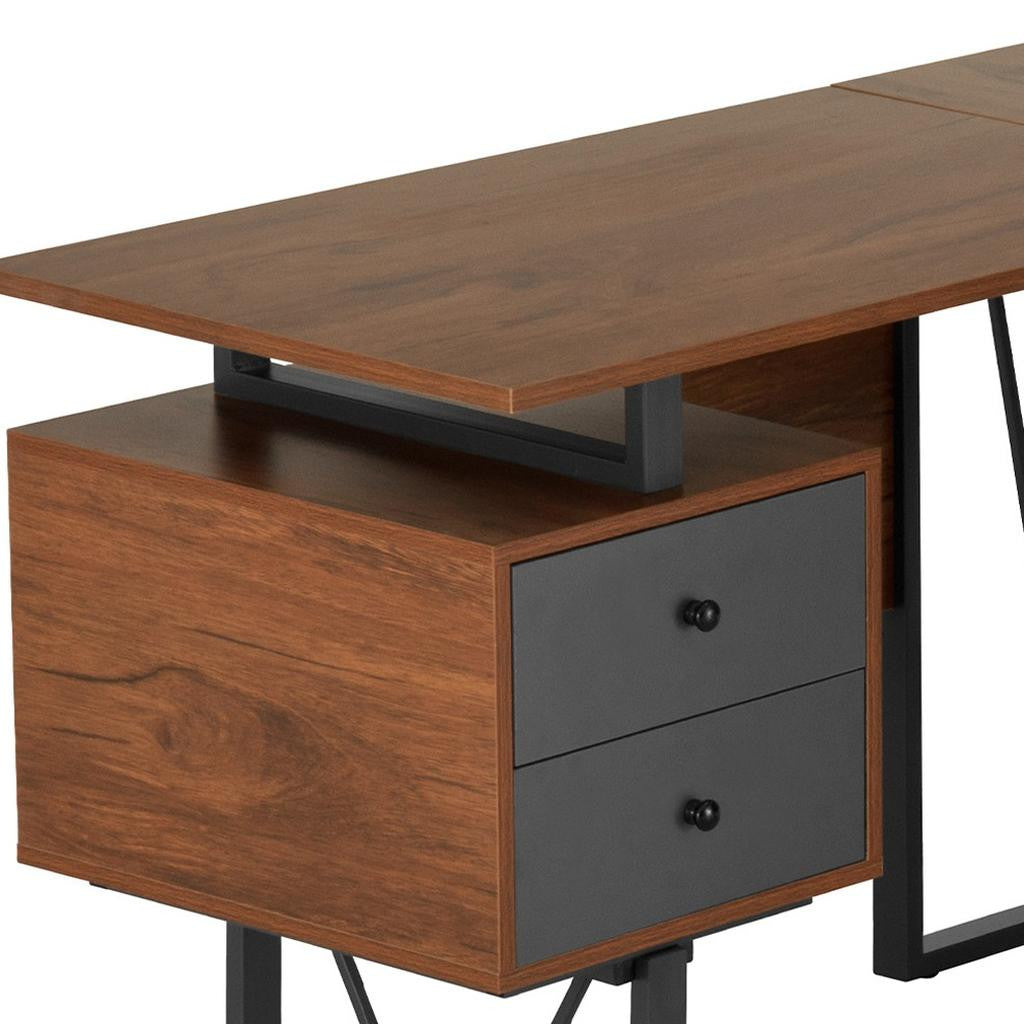 59" Walnut and Gray Wood and Steel L Shape Pedestal Computer Desk With Three Drawers