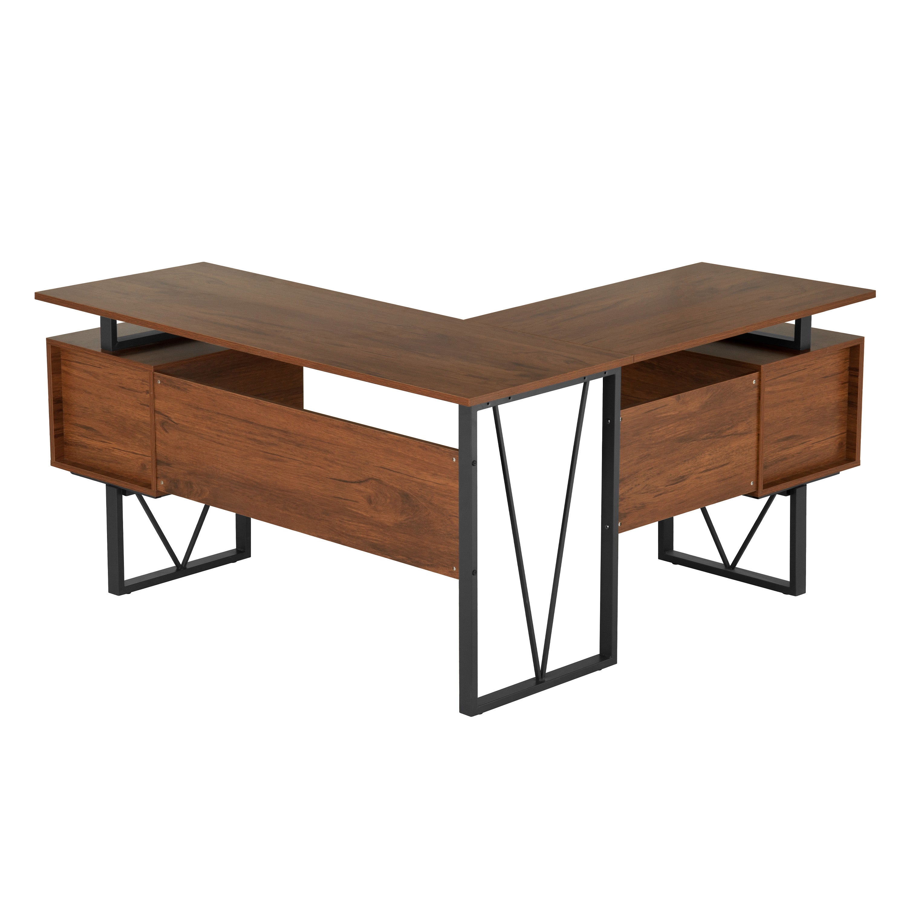 59" Walnut and Gray Wood and Steel L Shape Pedestal Computer Desk With Three Drawers