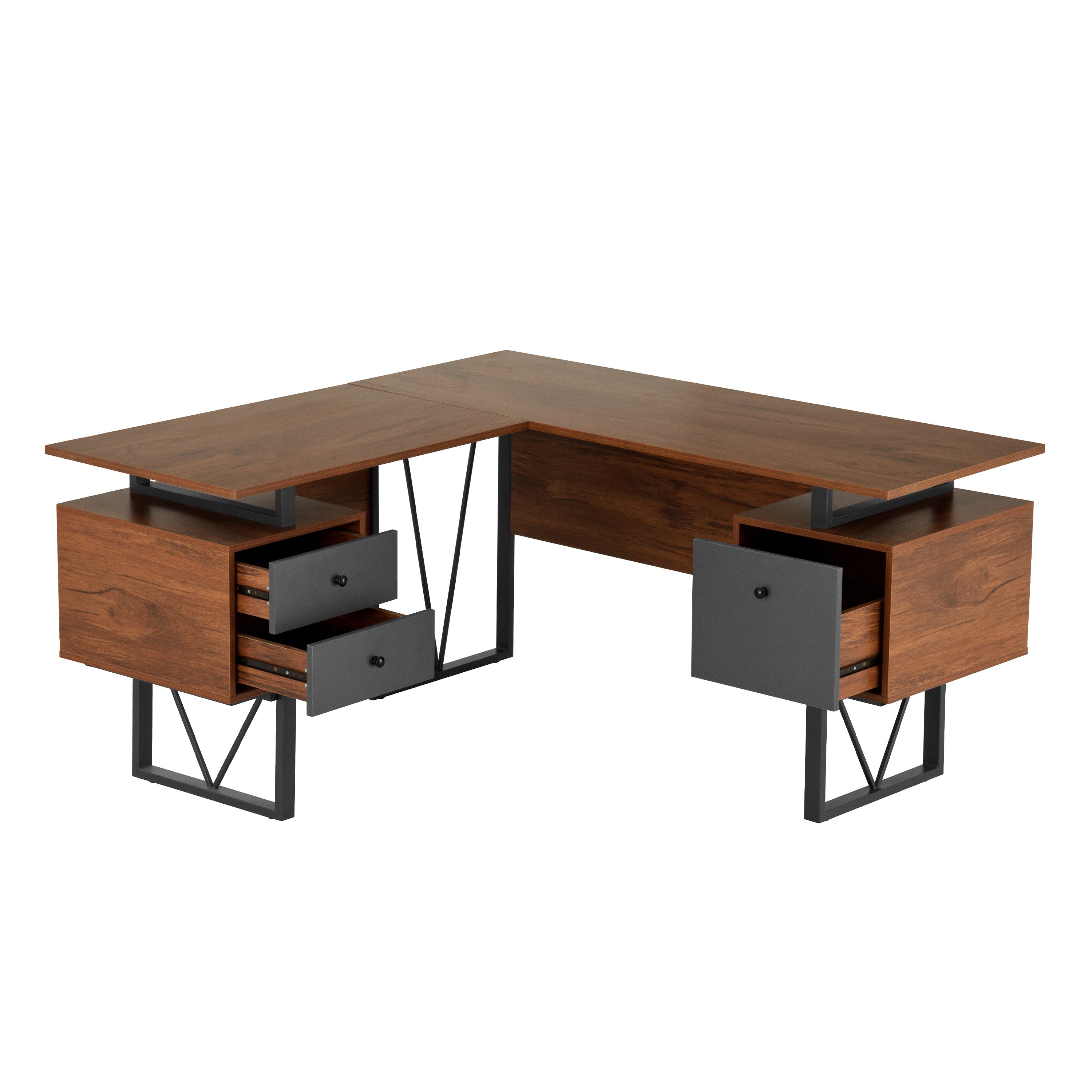 59" Walnut and Gray Wood and Steel L Shape Pedestal Computer Desk With Three Drawers
