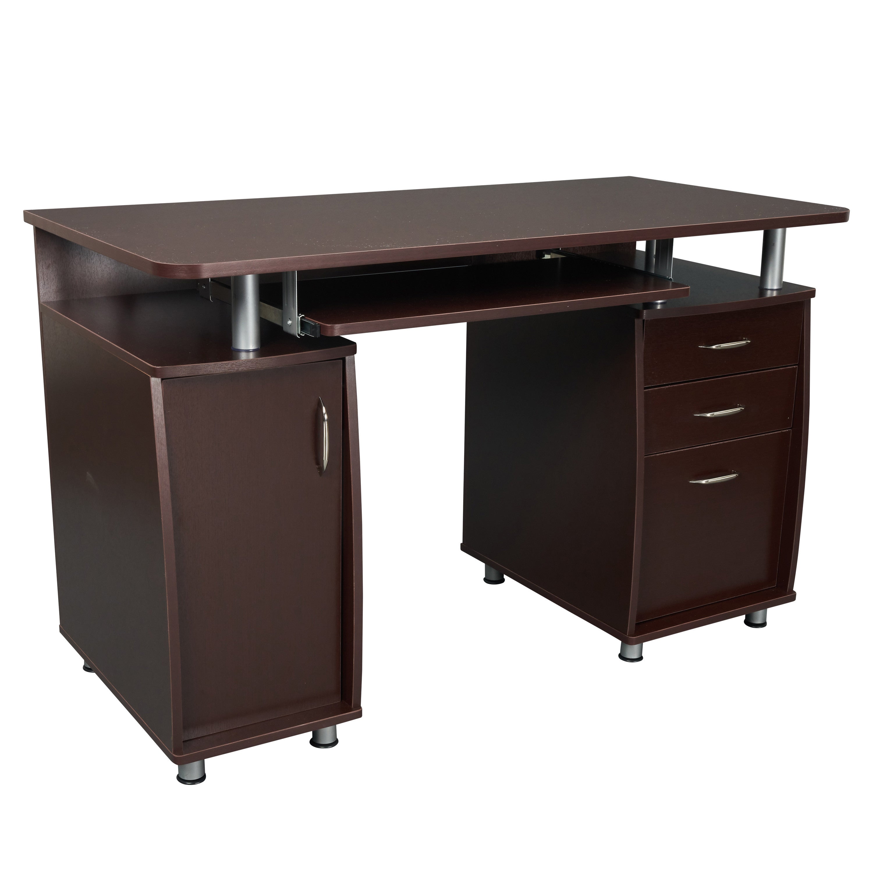 48" Chocolate Wood Pedestal Computer Desk With Two Cabinets And Two Drawers