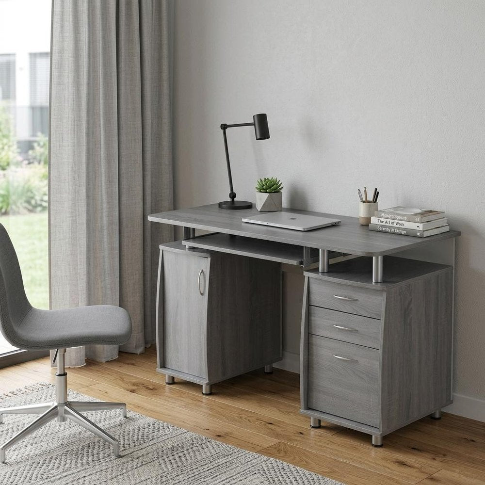 48" Gray Wood Pedestal Computer Desk With Three Drawers