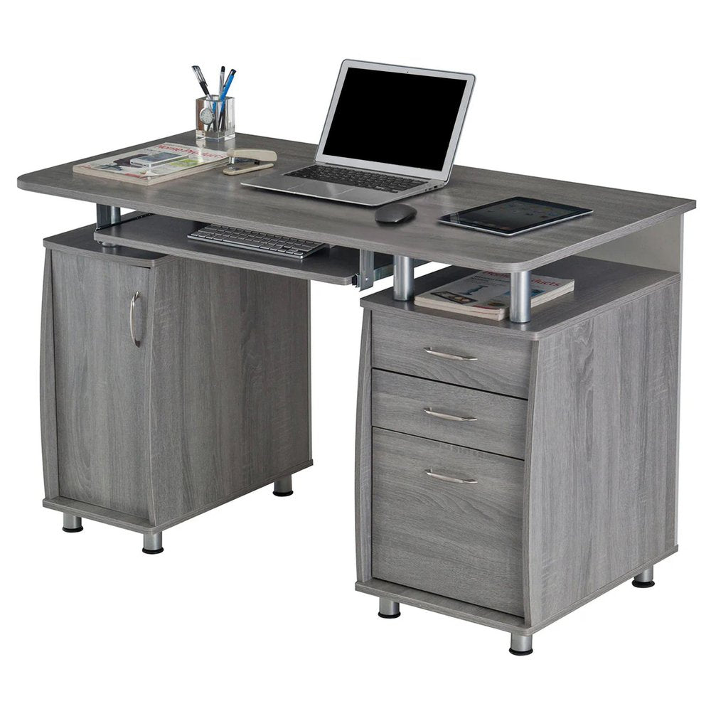 48" Gray Wood Pedestal Computer Desk With Three Drawers