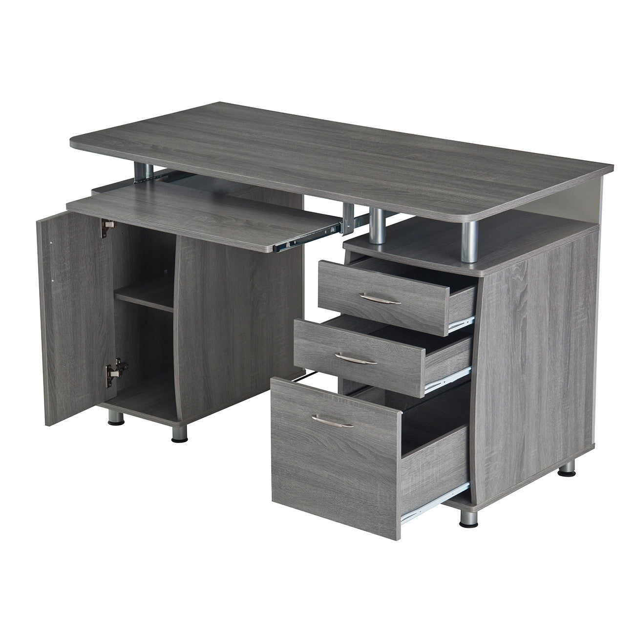48" Gray Wood Pedestal Computer Desk With Two Cabinets And Two Drawers