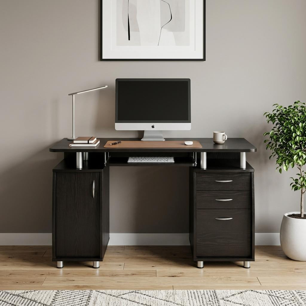 48" Espresso Wood Pedestal Computer Desk With Two Cabinets And Two Drawers