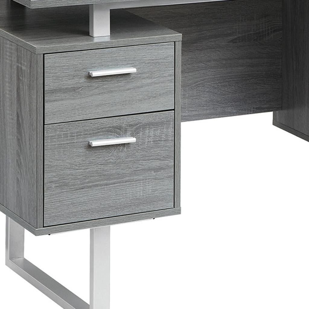 51" Gray and Silver Wood and Steel Pedestal Executive Desk With Two Drawers
