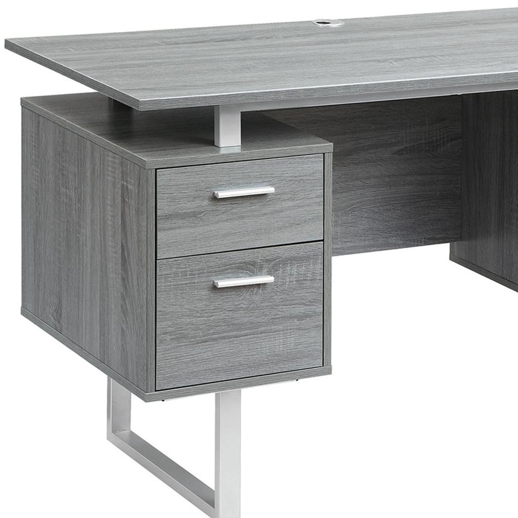 51" Gray and Silver Wood and Steel Pedestal Executive Desk With Two Drawers