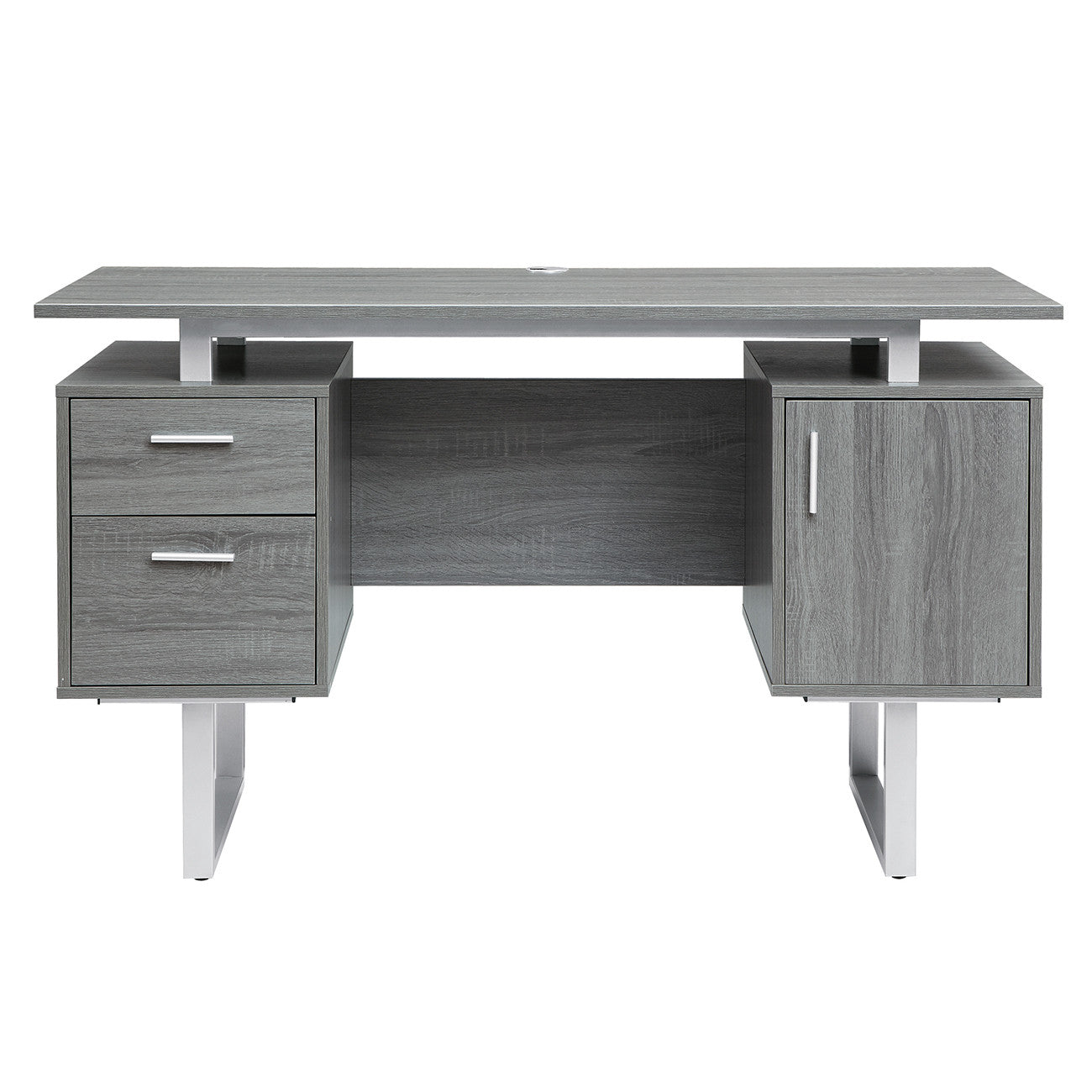 51" Gray and Silver Wood and Steel Pedestal Executive Desk With Two Drawers