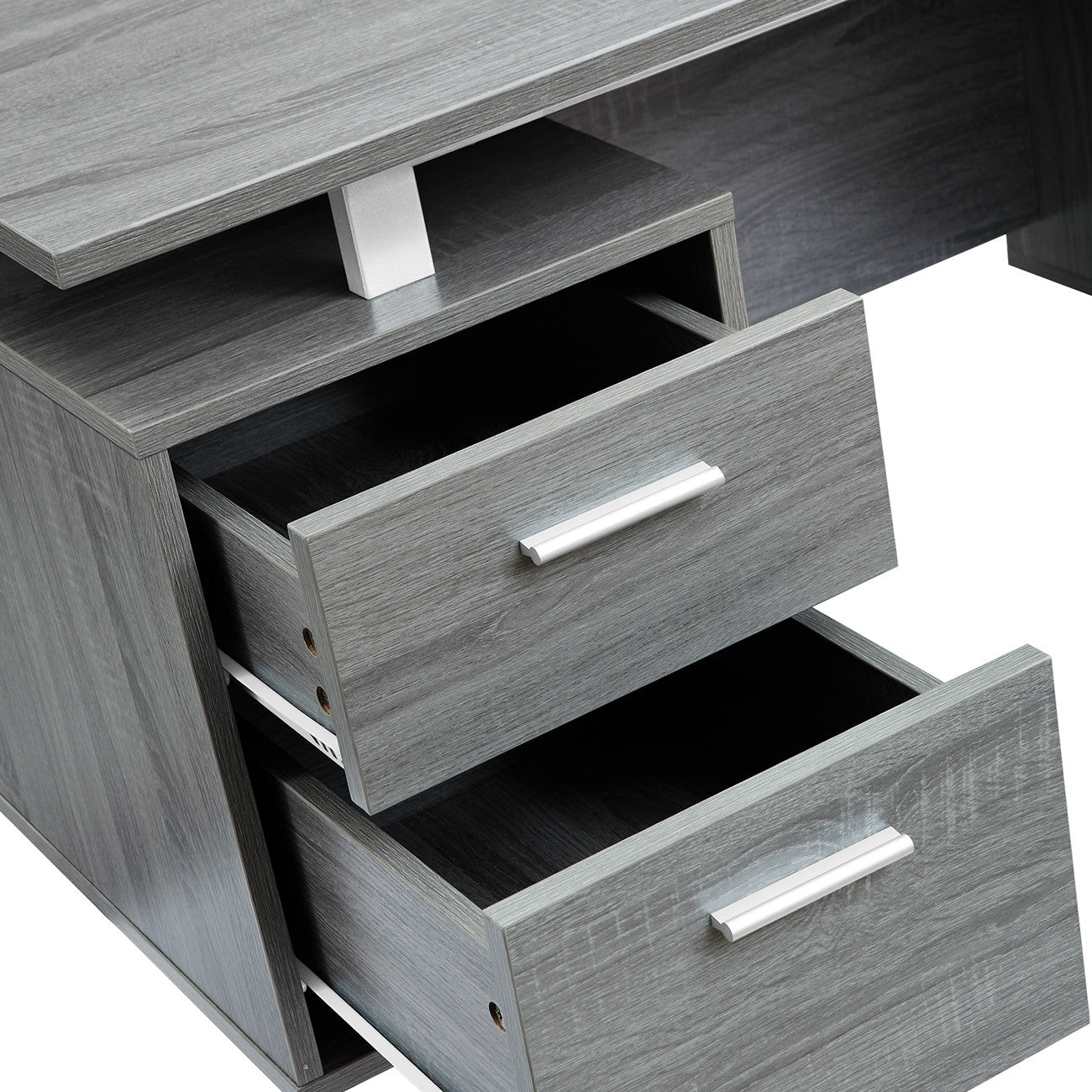 51" Gray and Silver Wood and Steel Pedestal Executive Desk With Two Drawers