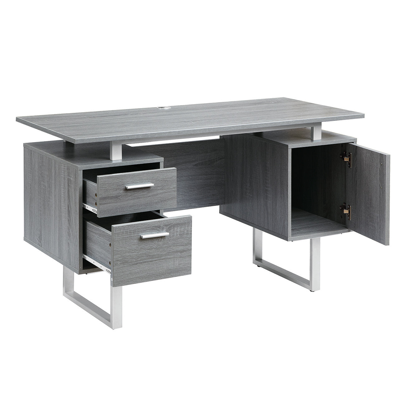51" Gray and Silver Wood and Steel Pedestal Executive Desk With Two Drawers