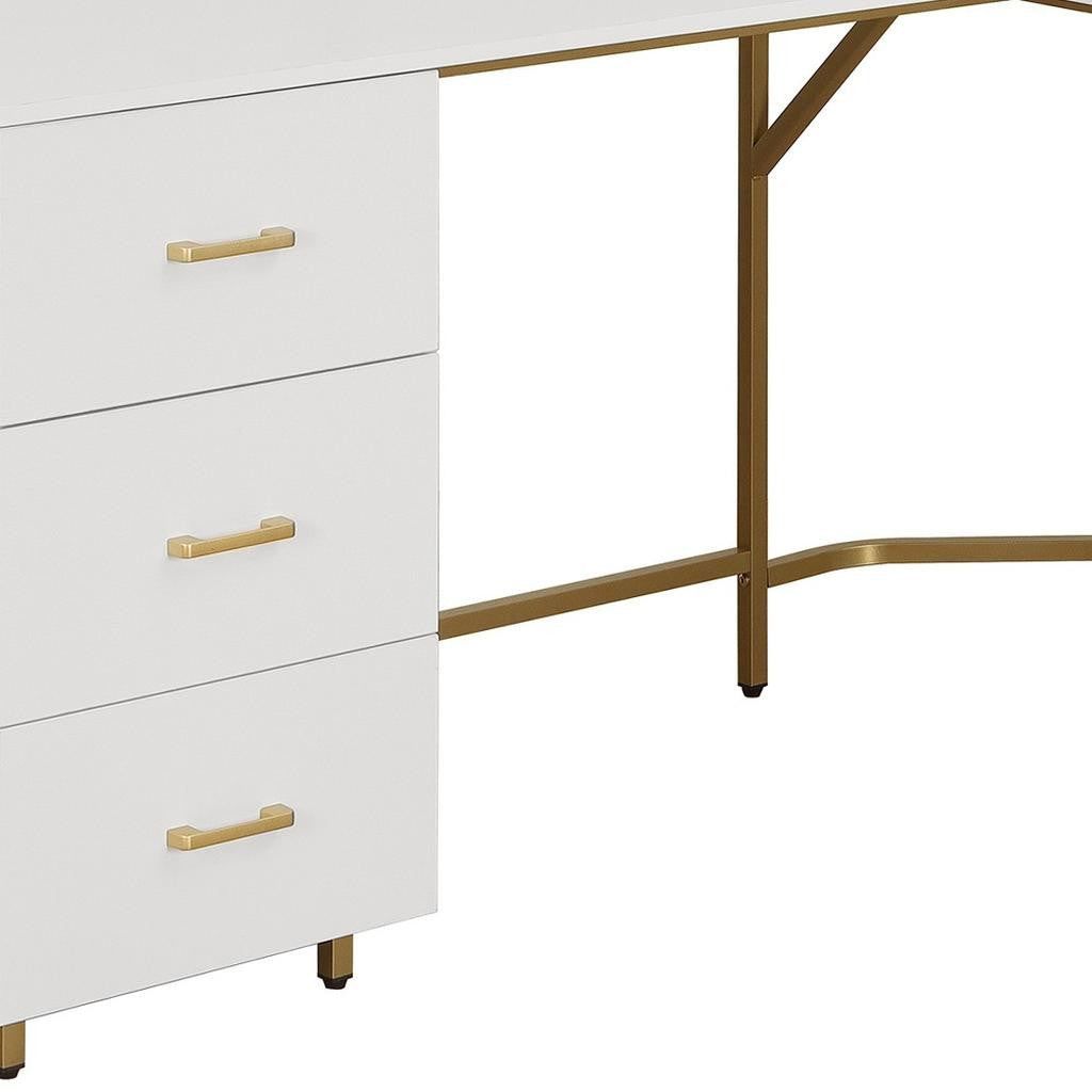59" White and Gold Wood and Steel L Shape Pedestal Computer Desk With Three Drawers
