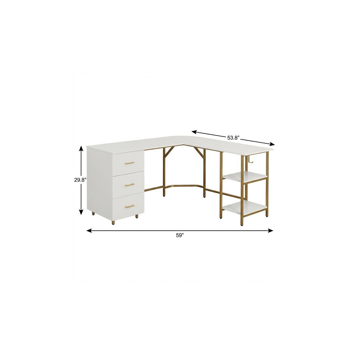 59" White and Gold Wood and Steel L Shape Pedestal Computer Desk With Three Drawers