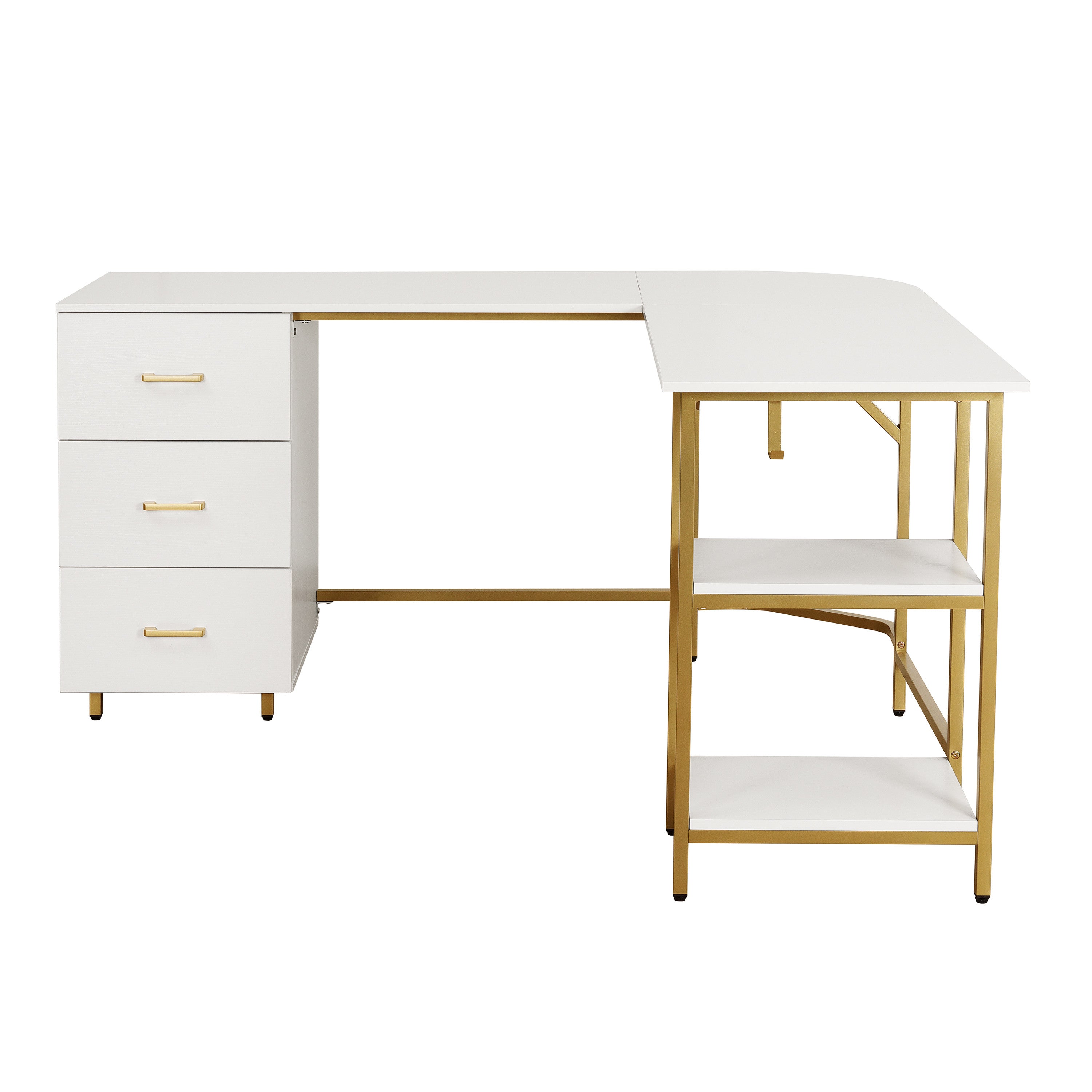 59" White and Gold Wood and Steel L Shape Pedestal Computer Desk With Three Drawers