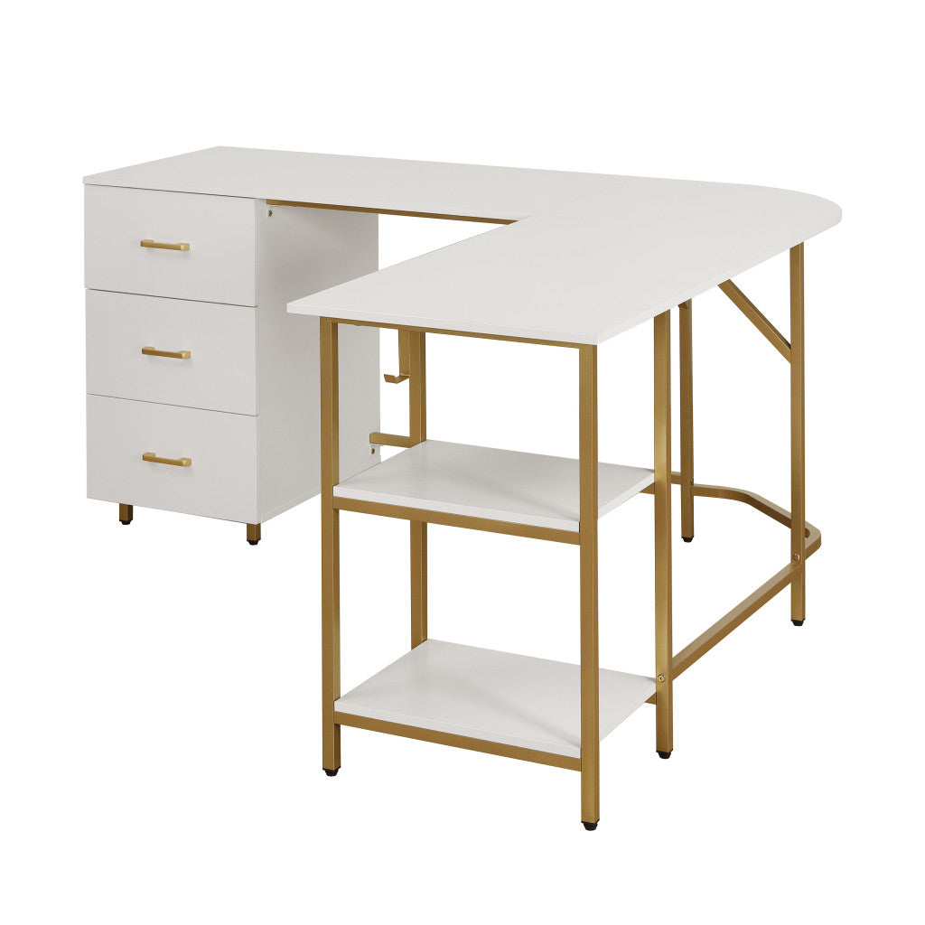 59" White and Gold Wood and Steel L Shape Pedestal Computer Desk With Three Drawers