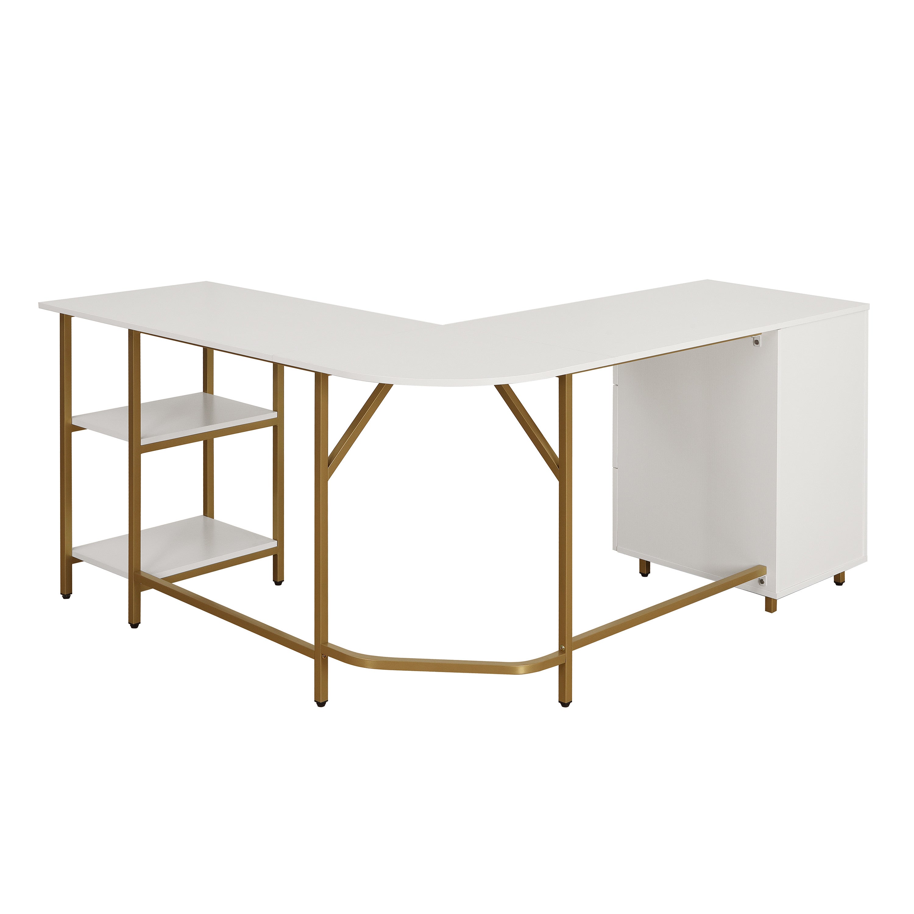 59" White and Gold Wood and Steel L Shape Pedestal Computer Desk With Three Drawers