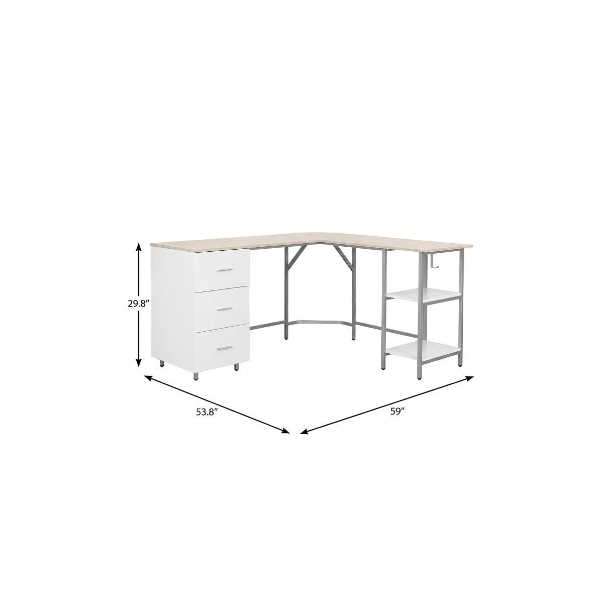 59" Sand Silver and White Wood and Steel L Shape Pedestal Computer Desk With Three Drawers