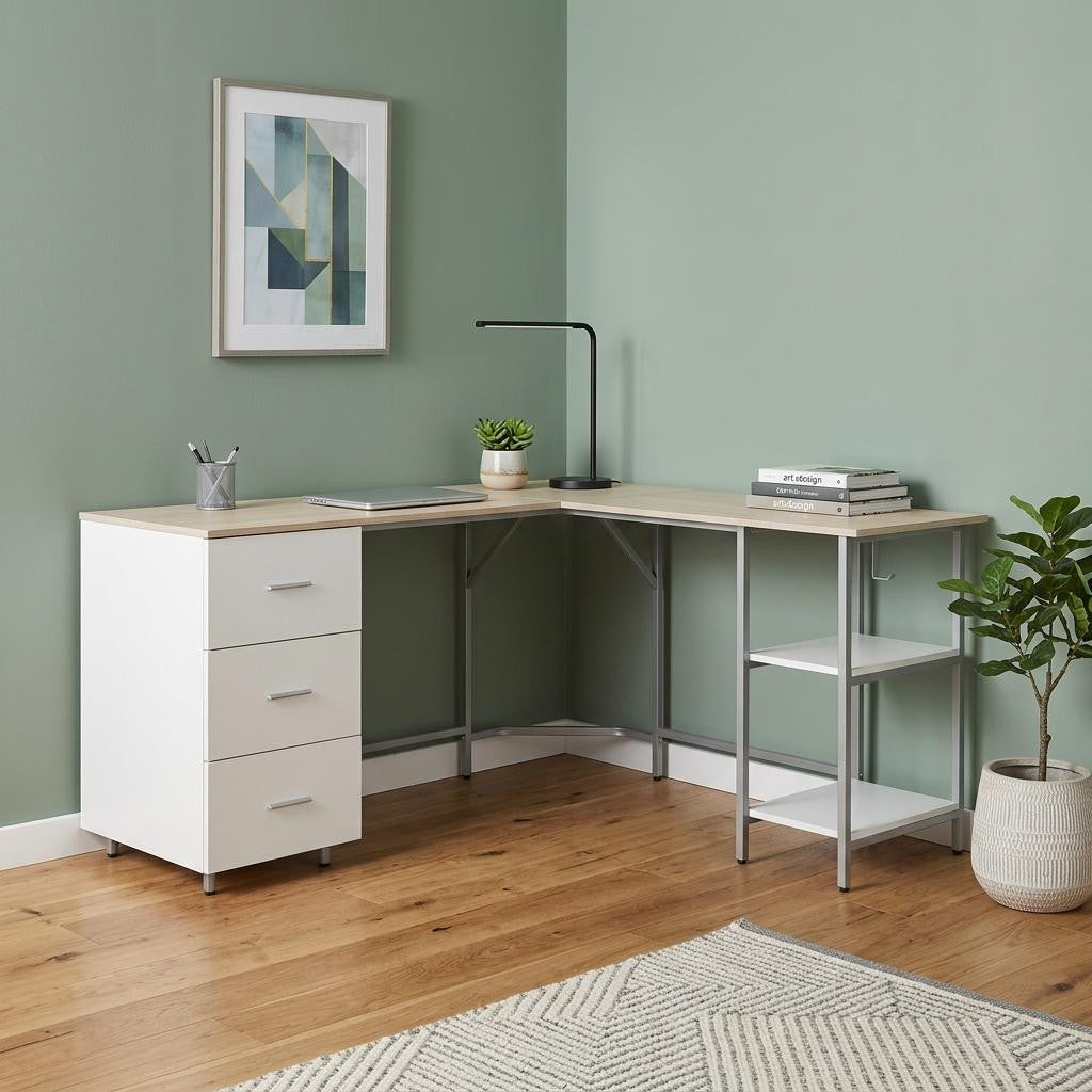 59" Sand Silver and White Wood and Steel L Shape Pedestal Computer Desk With Three Drawers