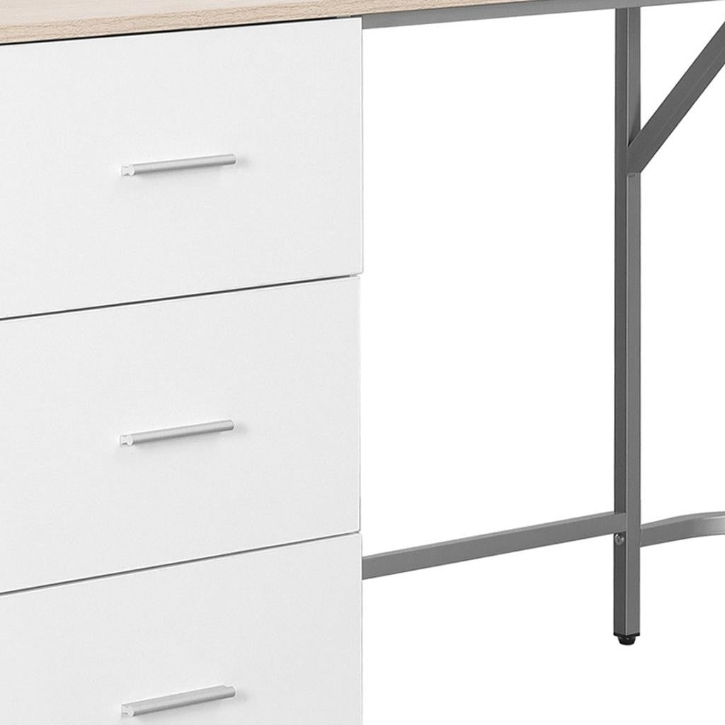 59" Sand Silver and White Wood and Steel L Shape Pedestal Computer Desk With Three Drawers