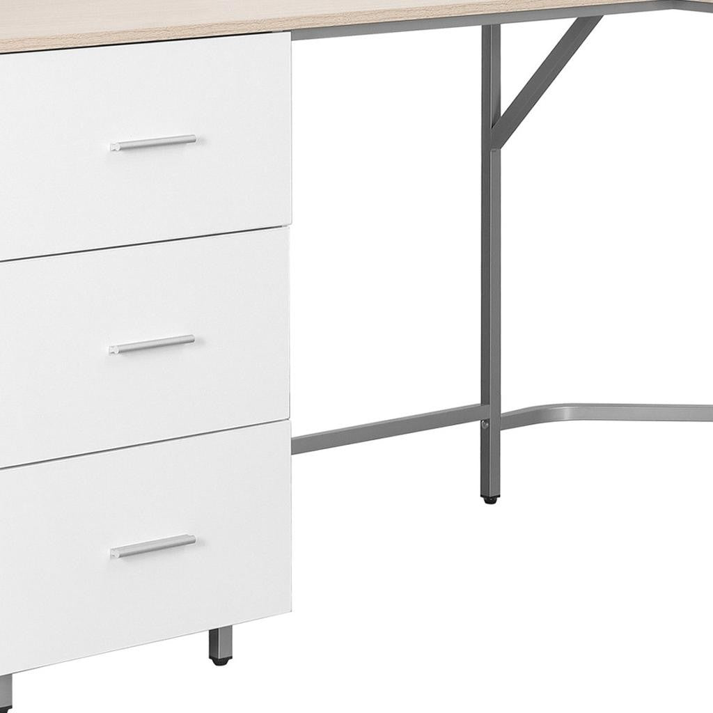 59" Sand Silver and White Wood and Steel L Shape Pedestal Computer Desk With Three Drawers