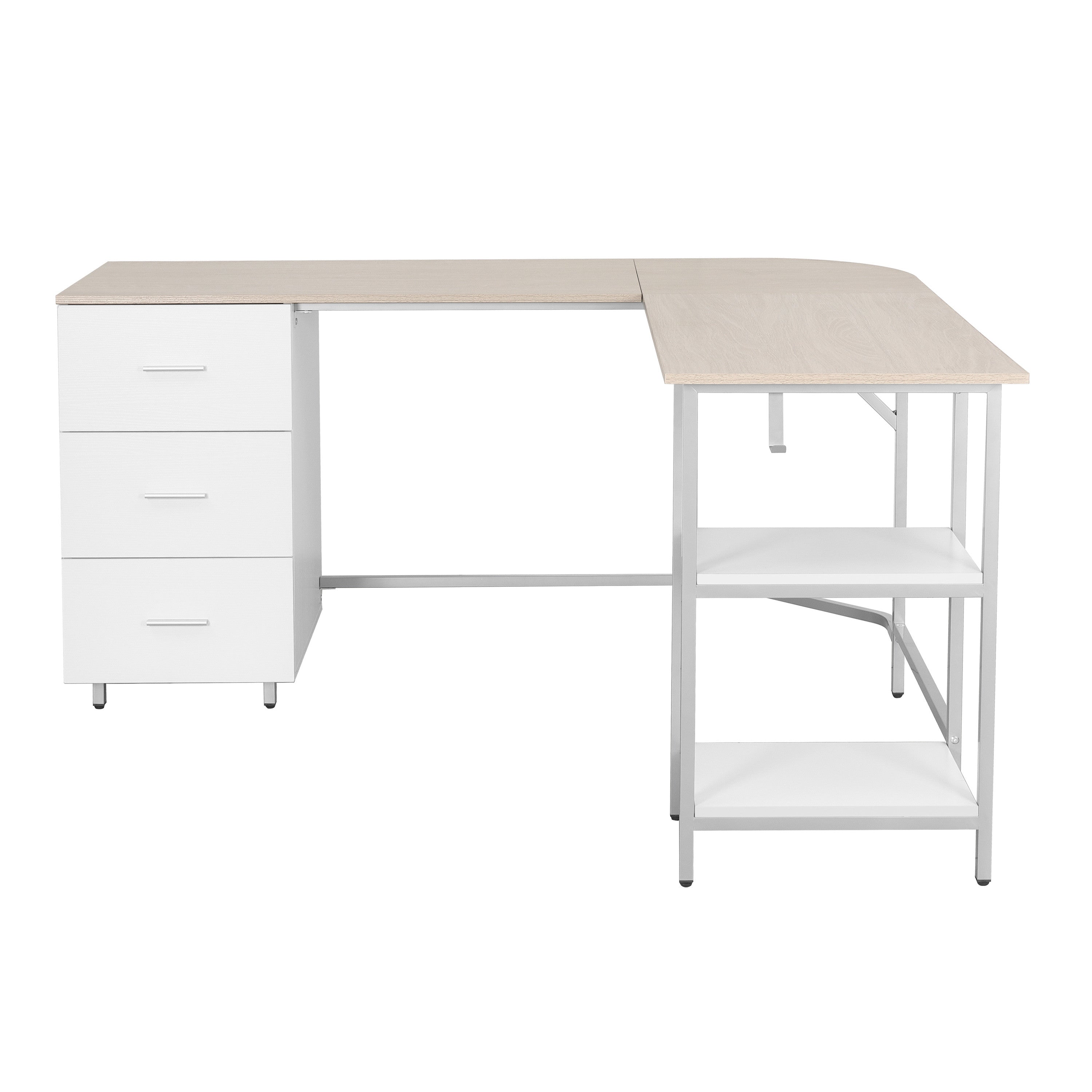 59" Sand Silver and White Wood and Steel L Shape Pedestal Computer Desk With Three Drawers