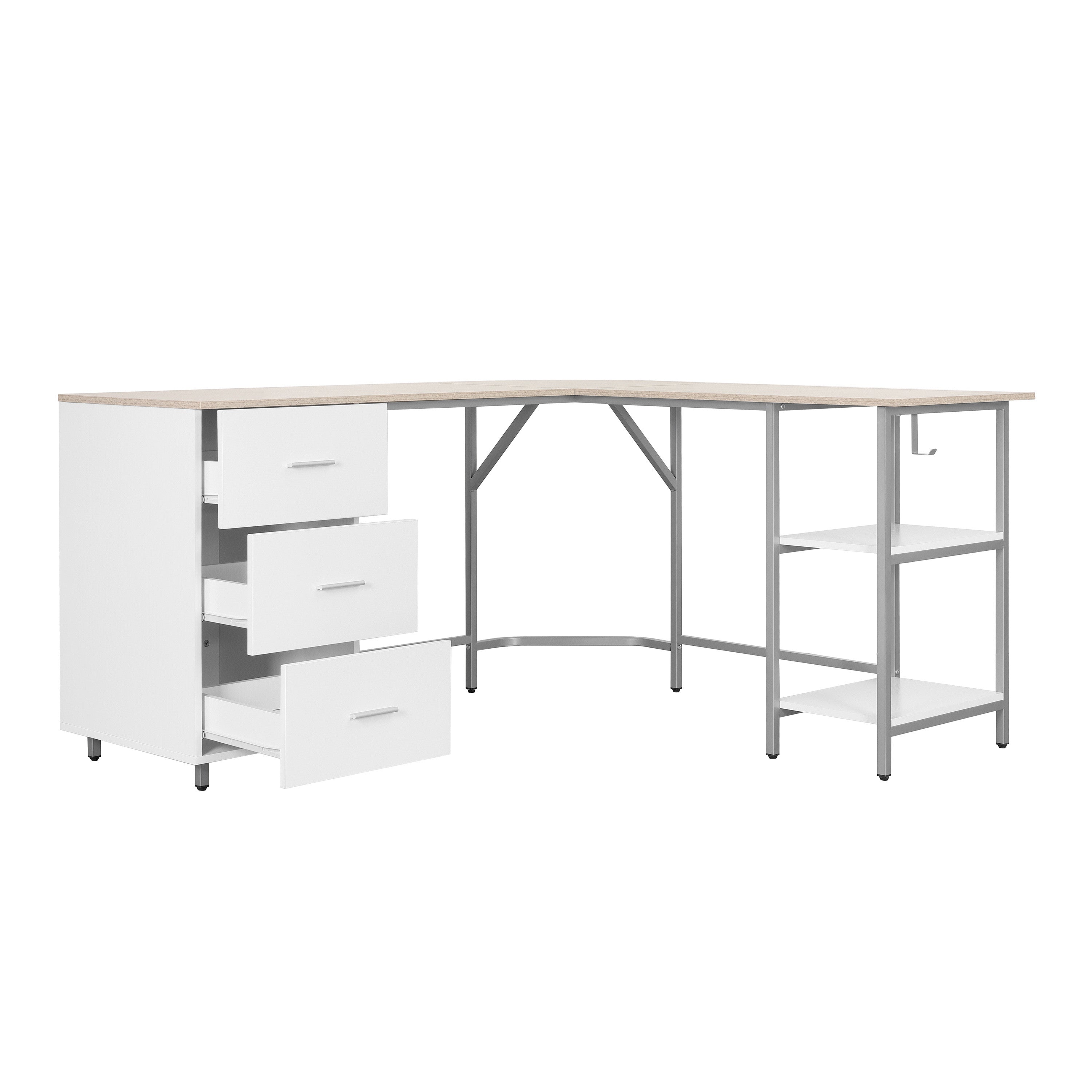 59" Sand Silver and White Wood and Steel L Shape Pedestal Computer Desk With Three Drawers