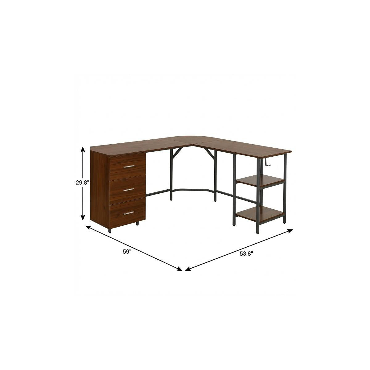 59" Walnut Wood and Steel L Shape Pedestal Computer Desk With Three Drawers