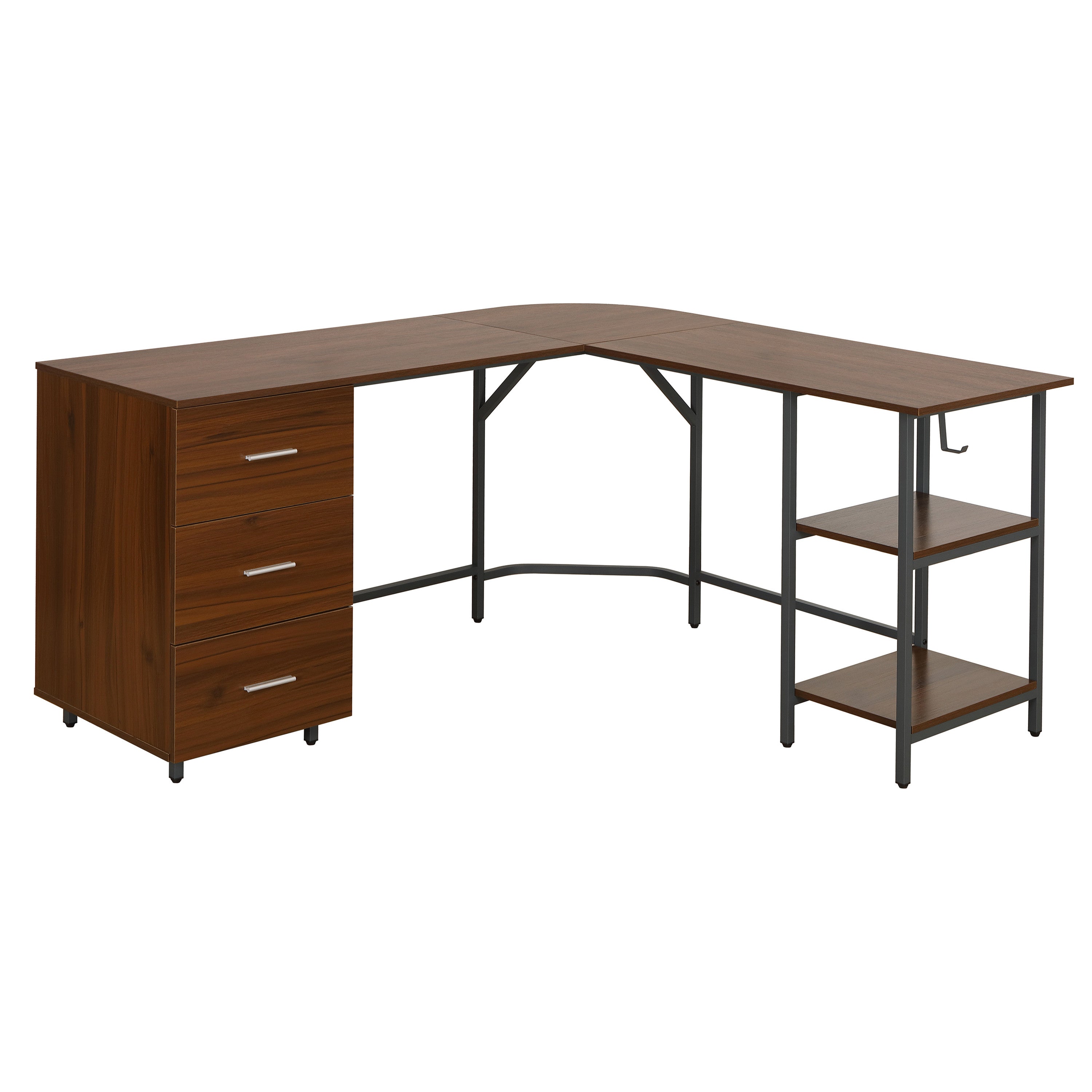 59" Walnut Wood and Steel L Shape Pedestal Computer Desk With Three Drawers