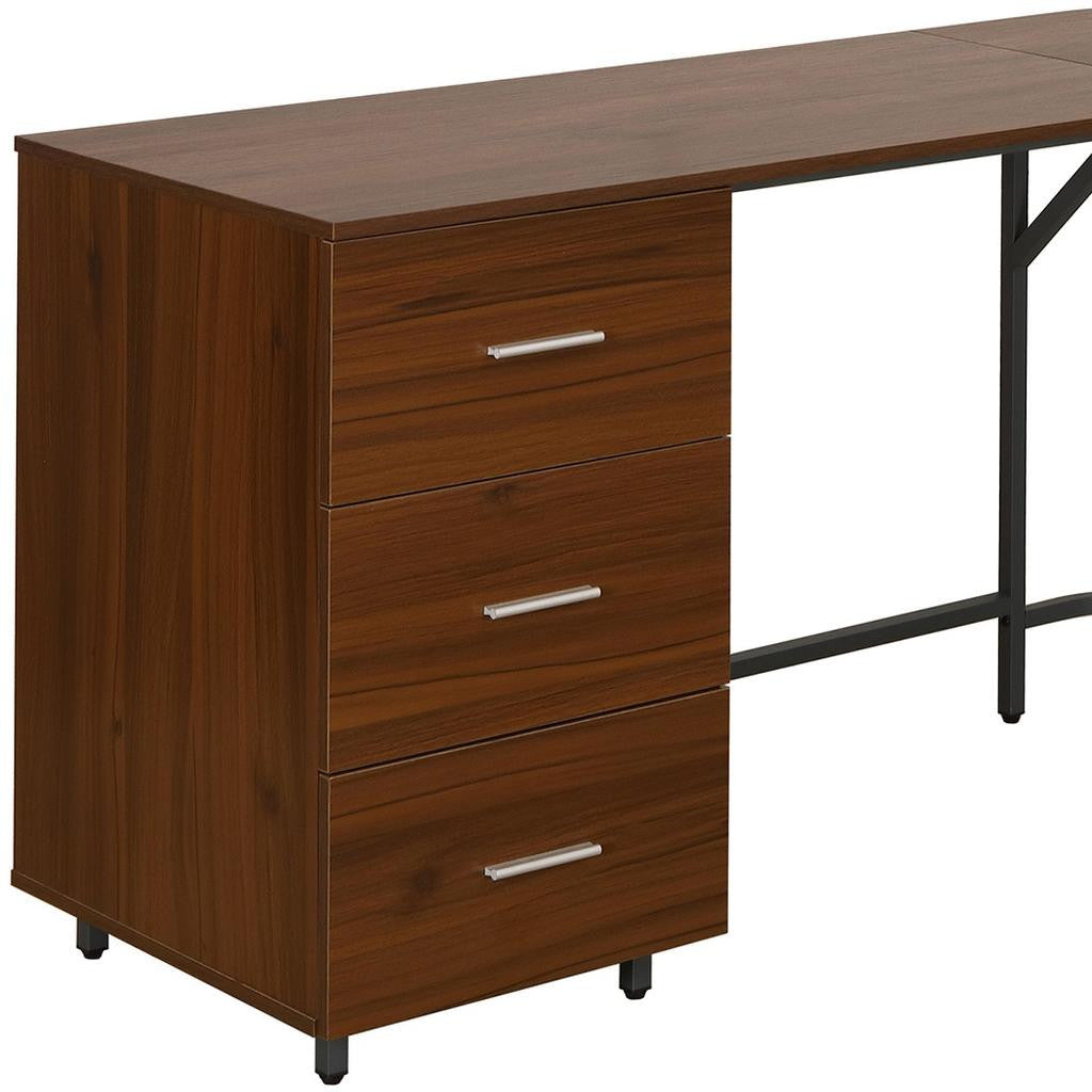 59" Walnut Wood and Steel L Shape Pedestal Computer Desk With Three Drawers