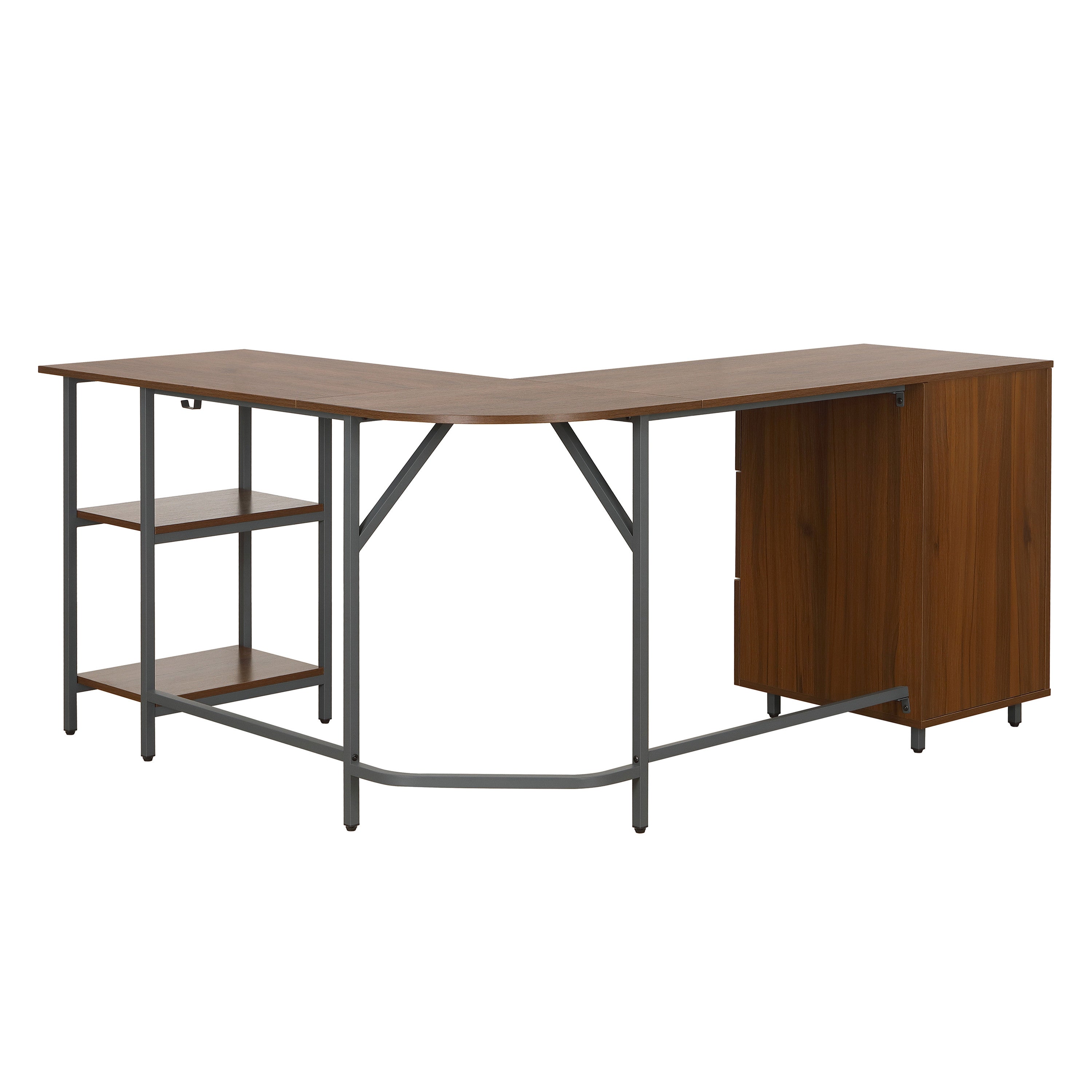 59" Walnut Wood and Steel L Shape Pedestal Computer Desk With Three Drawers