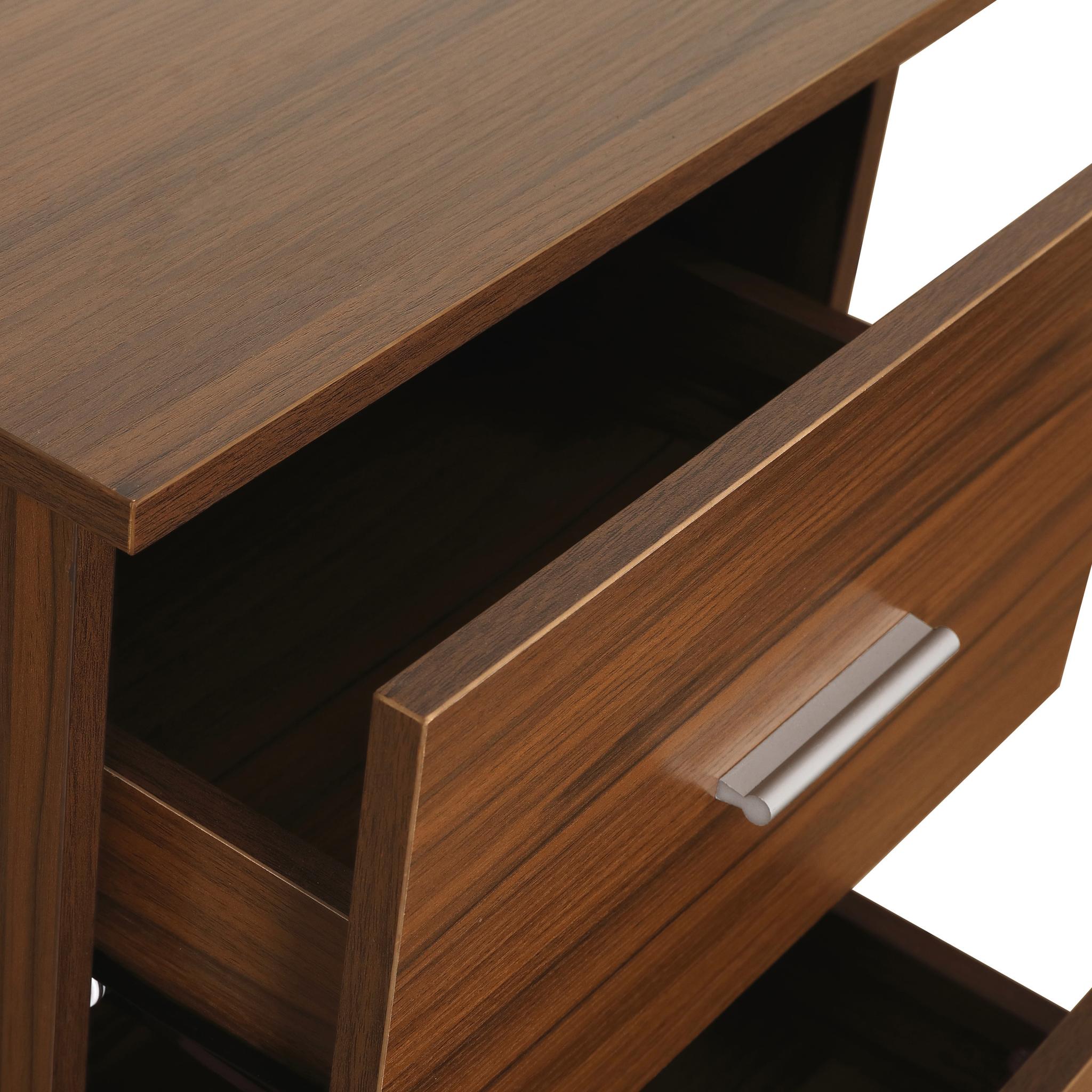 59" Walnut Wood and Steel L Shape Pedestal Computer Desk With Three Drawers