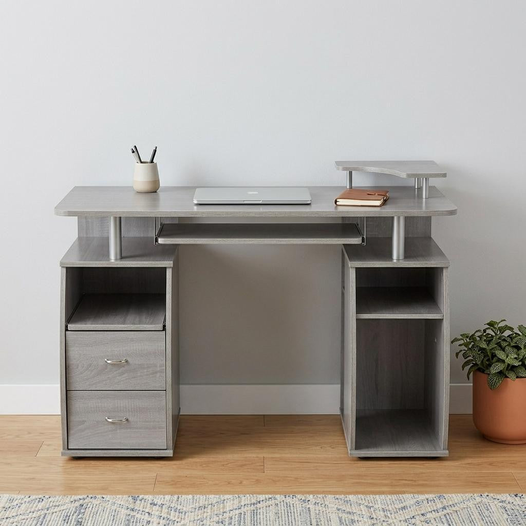 47" Gray Wood Pedestal Computer Desk With Two Drawers