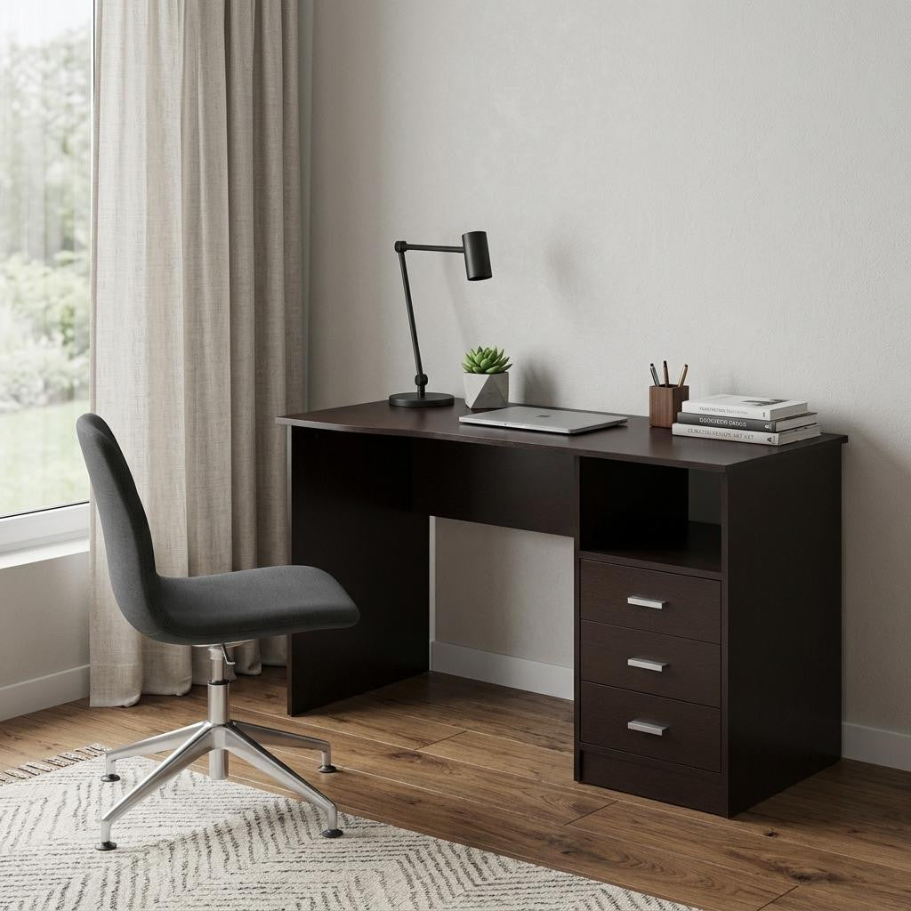 51" Dark Brown Wood Pedestal Computer Desk With Three Drawers