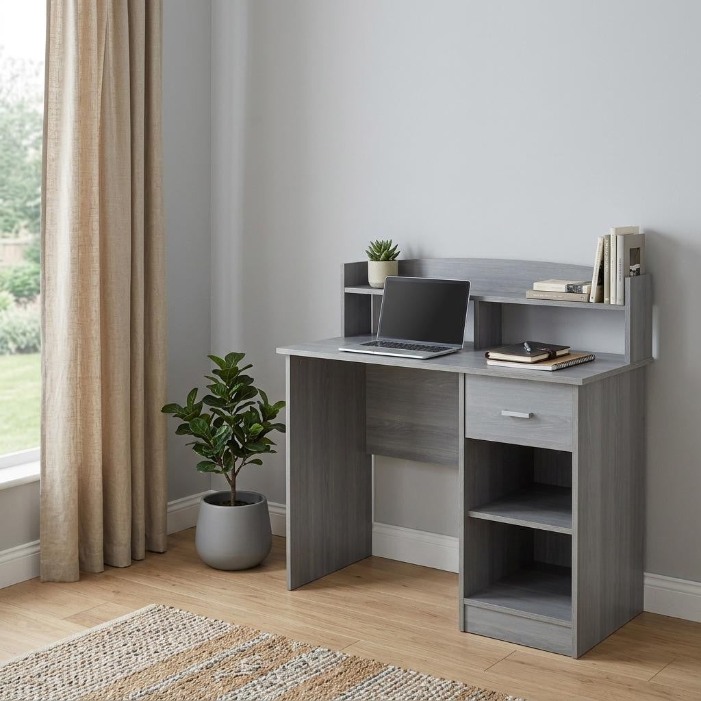 41" Gray Wood Pedestal Computer Desk With Hutch