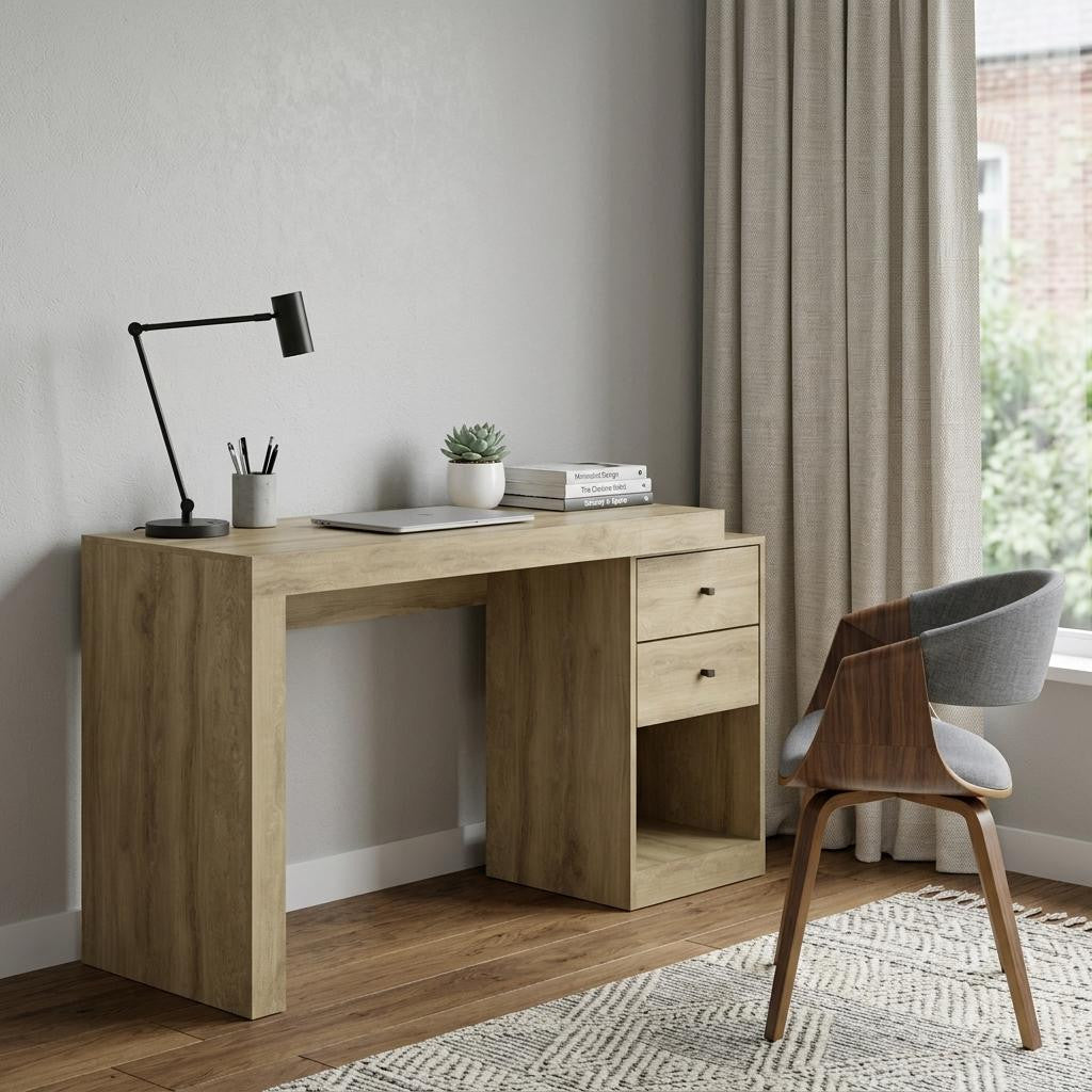 58" Natural Wood Pedestal Computer Desk With Two Drawers