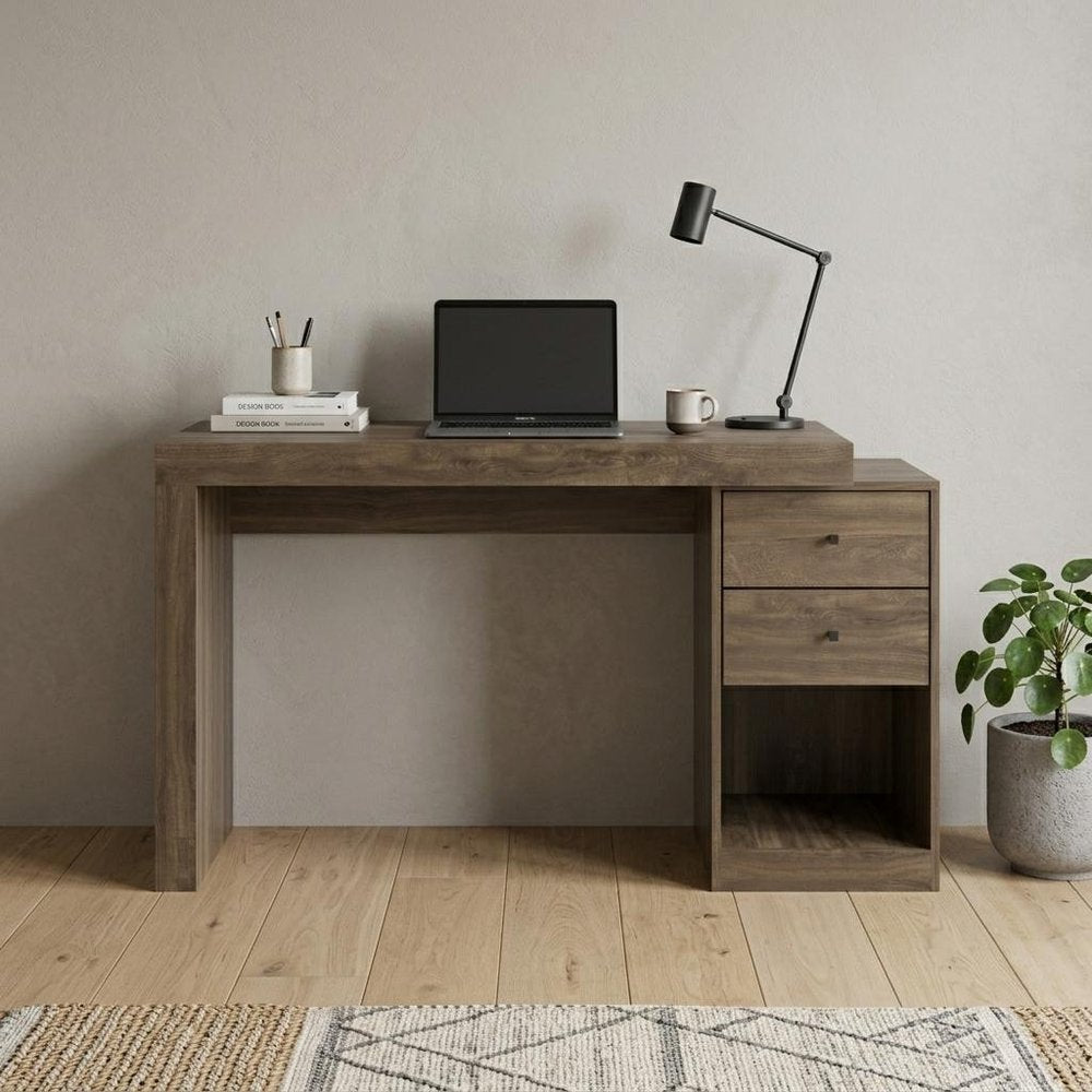 58" Walnut Wood Writing Desk With Two Drawers