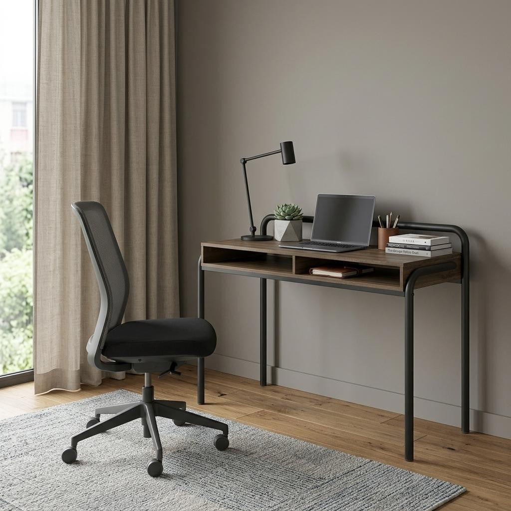 46" Walnut and Black Wood and Steel Writing Desk
