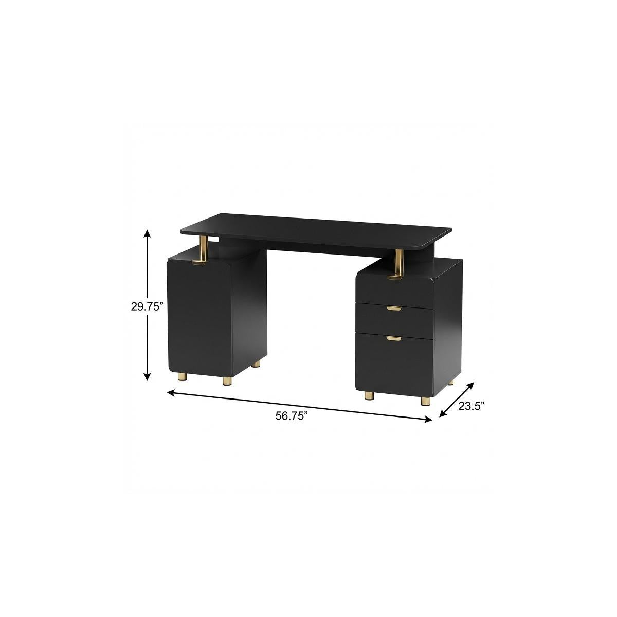 57" Black and Gold Wood and Steel Pedestal Executive Desk With Three Drawers