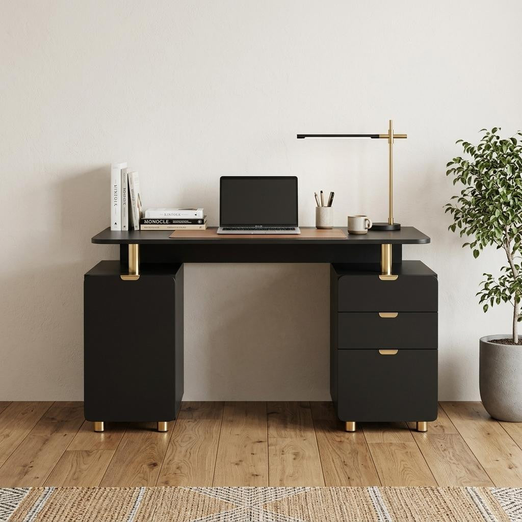 57" Black and Gold Wood and Steel Pedestal Executive Desk With Three Drawers
