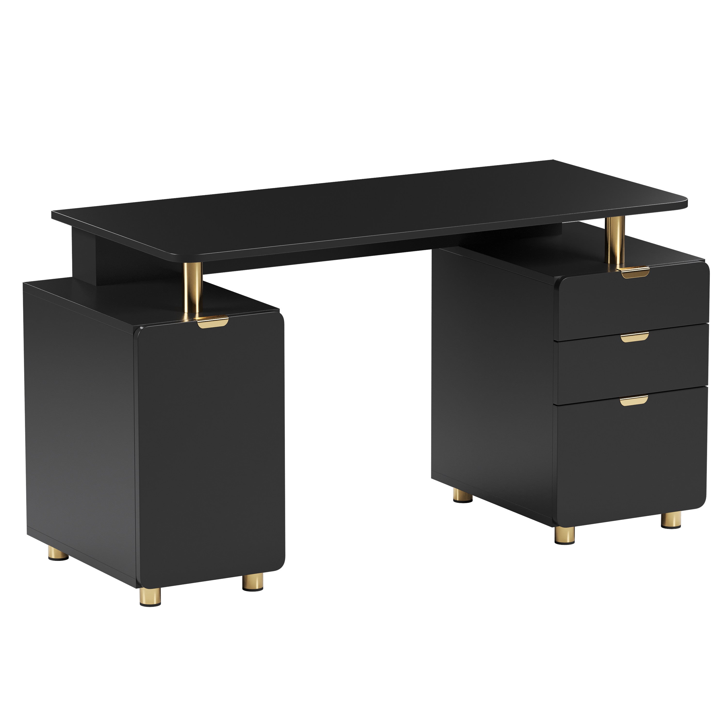 57" Black and Gold Wood and Steel Pedestal Executive Desk With Three Drawers
