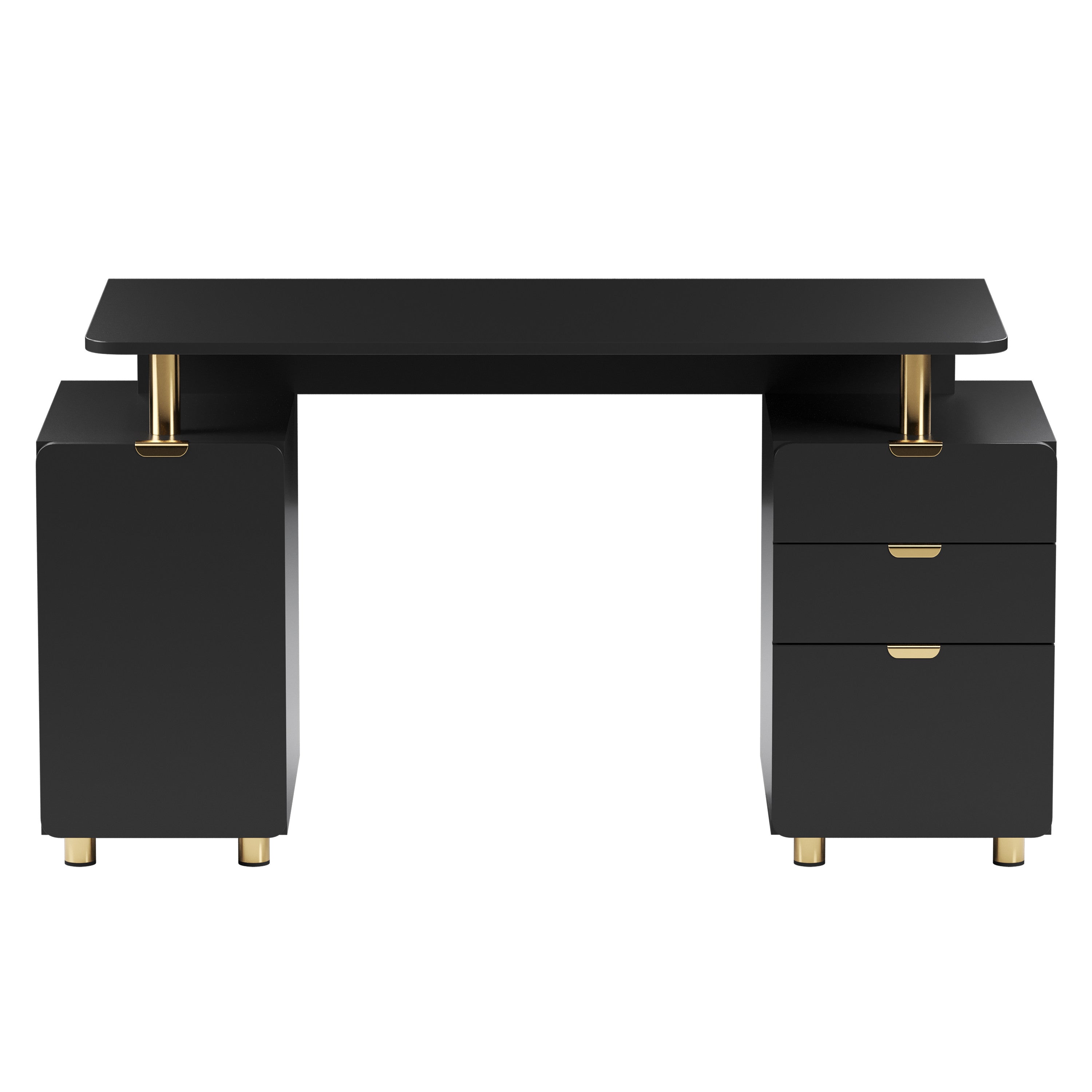 57" Black and Gold Wood and Steel Pedestal Executive Desk With Three Drawers