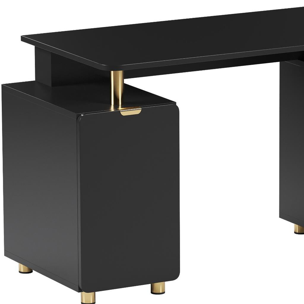 57" Black and Gold Wood and Steel Pedestal Executive Desk With Three Drawers