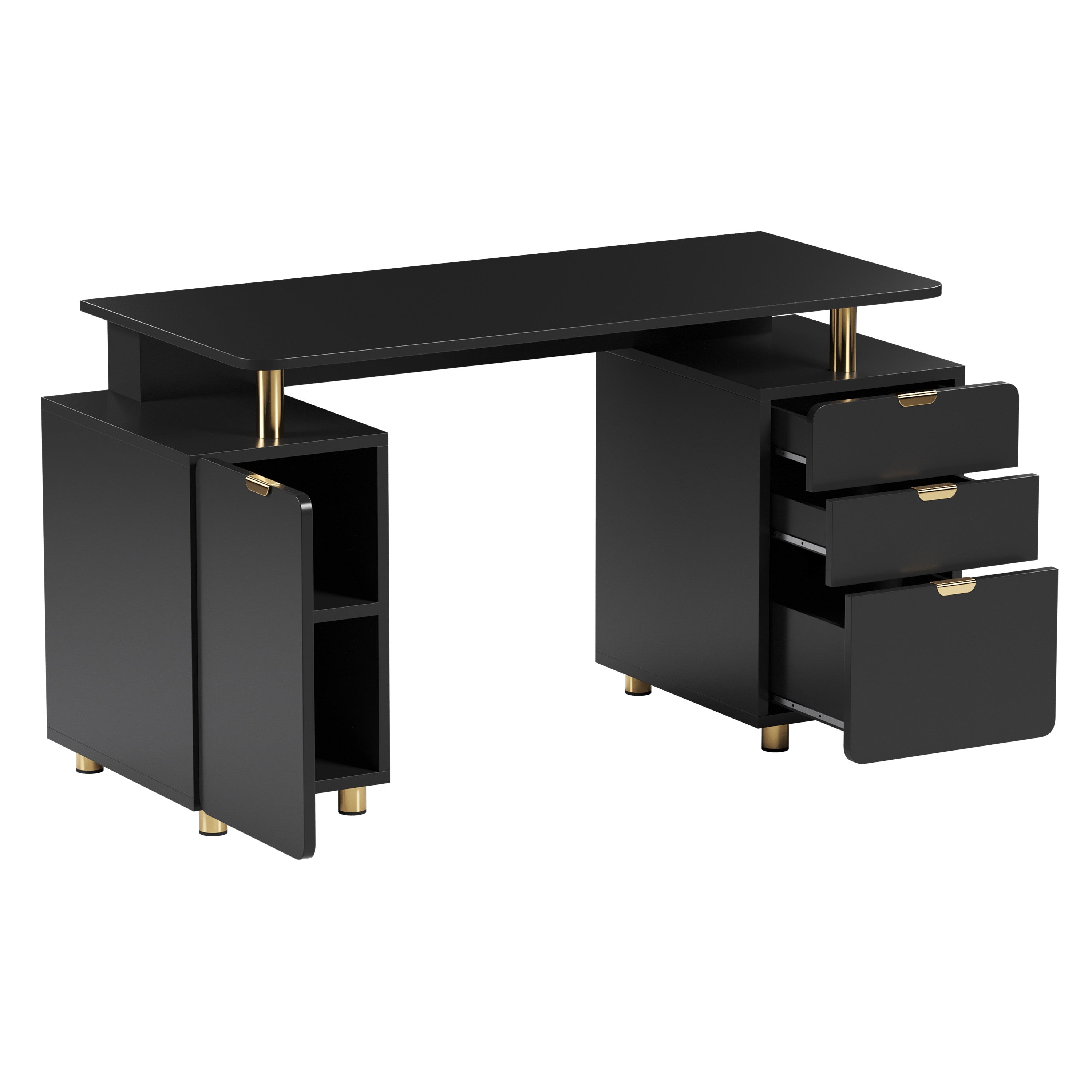 57" Black and Gold Wood and Steel Pedestal Executive Desk With Three Drawers