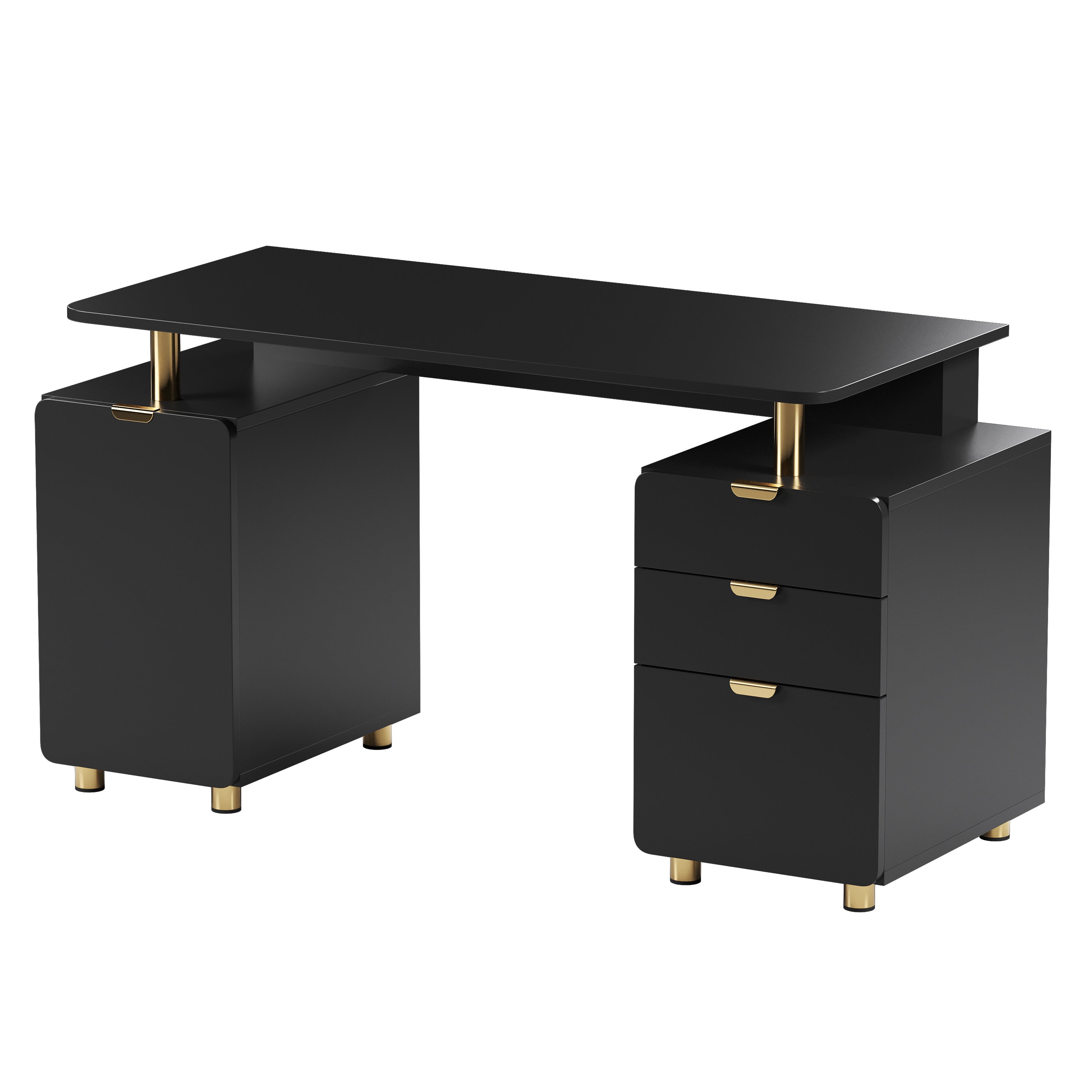 57" Black and Gold Wood and Steel Pedestal Executive Desk With Three Drawers