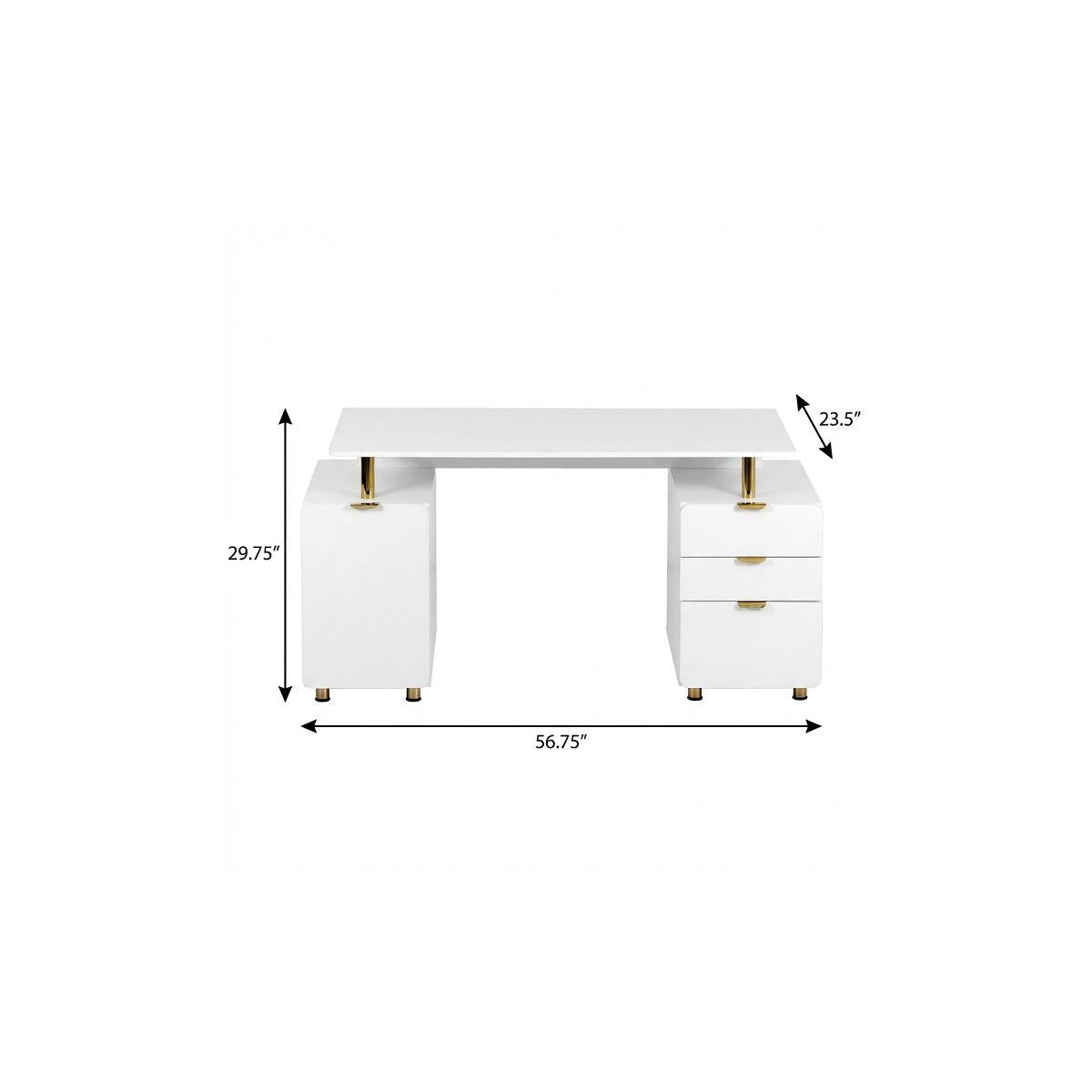 57" White and Gold Wood and Stainless Steel Pedestal Executive Desk With Three Drawers
