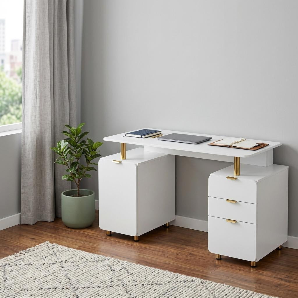 57" White and Gold Wood and Stainless Steel Pedestal Executive Desk With Three Drawers