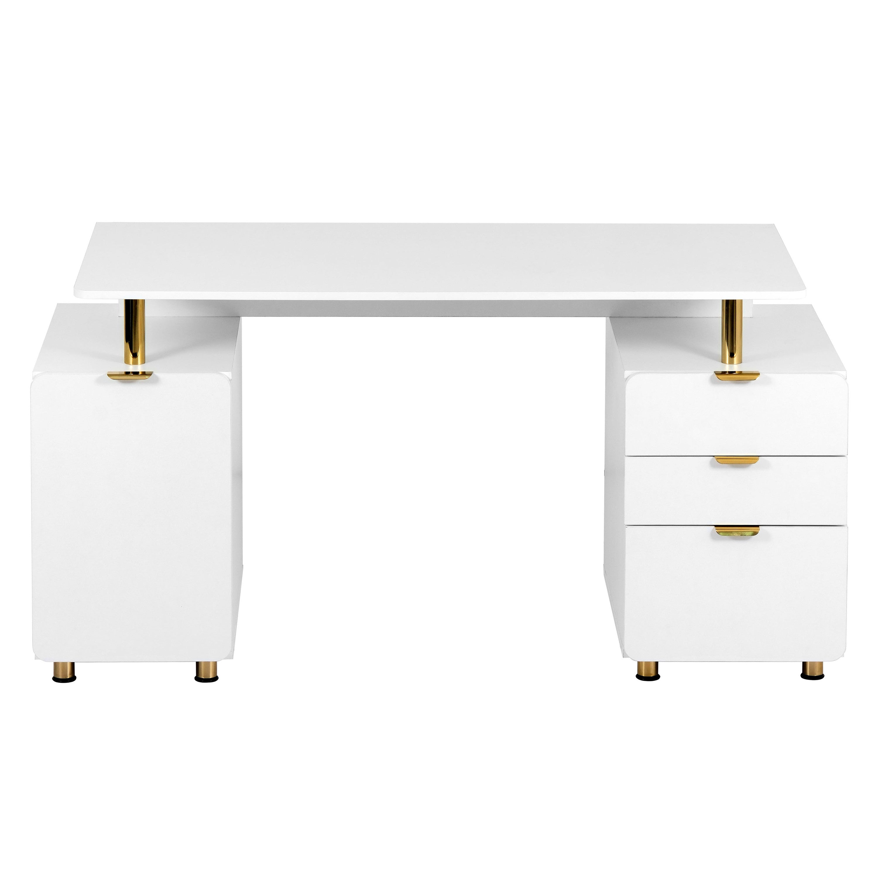 57" White and Gold Wood and Stainless Steel Pedestal Executive Desk With Three Drawers