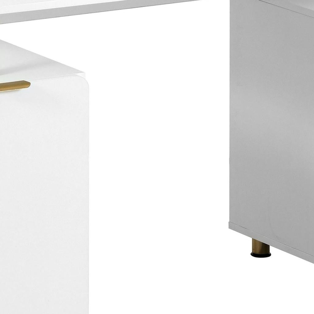 57" White and Gold Wood and Stainless Steel Pedestal Executive Desk With Three Drawers