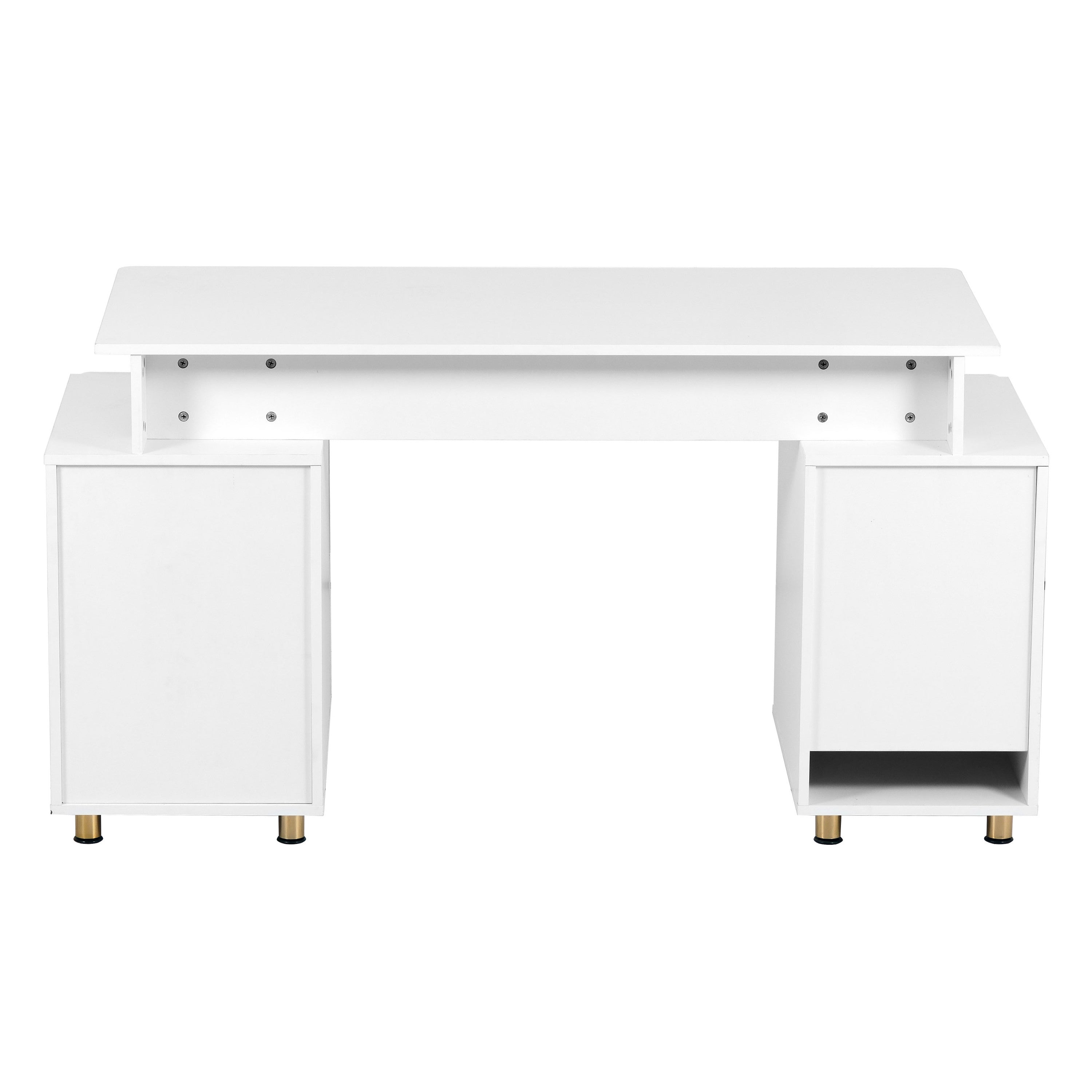 57" White and Gold Wood and Stainless Steel Pedestal Executive Desk With Three Drawers