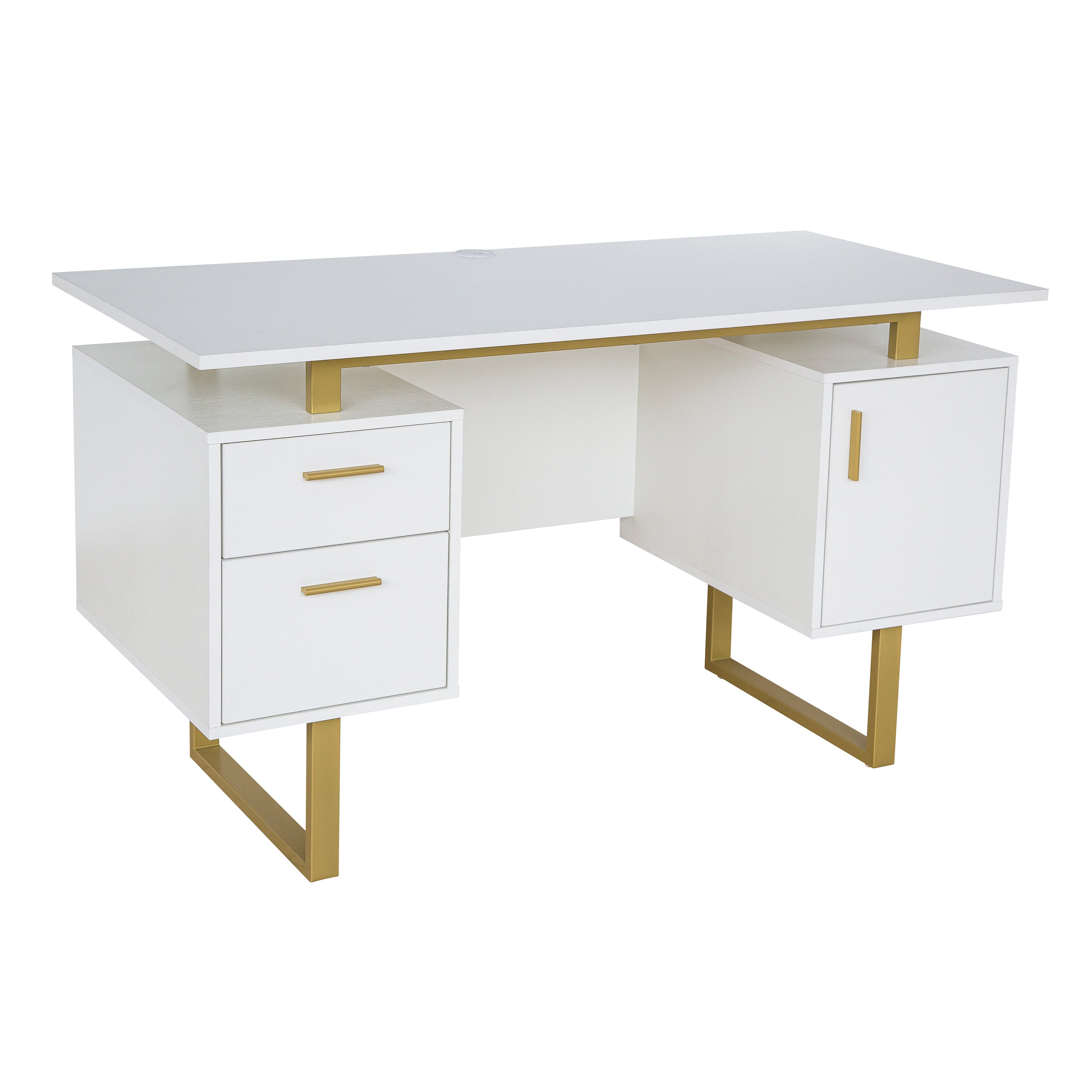 51" White and Gold Wood and Steel Pedestal Executive Desk With Two Drawers