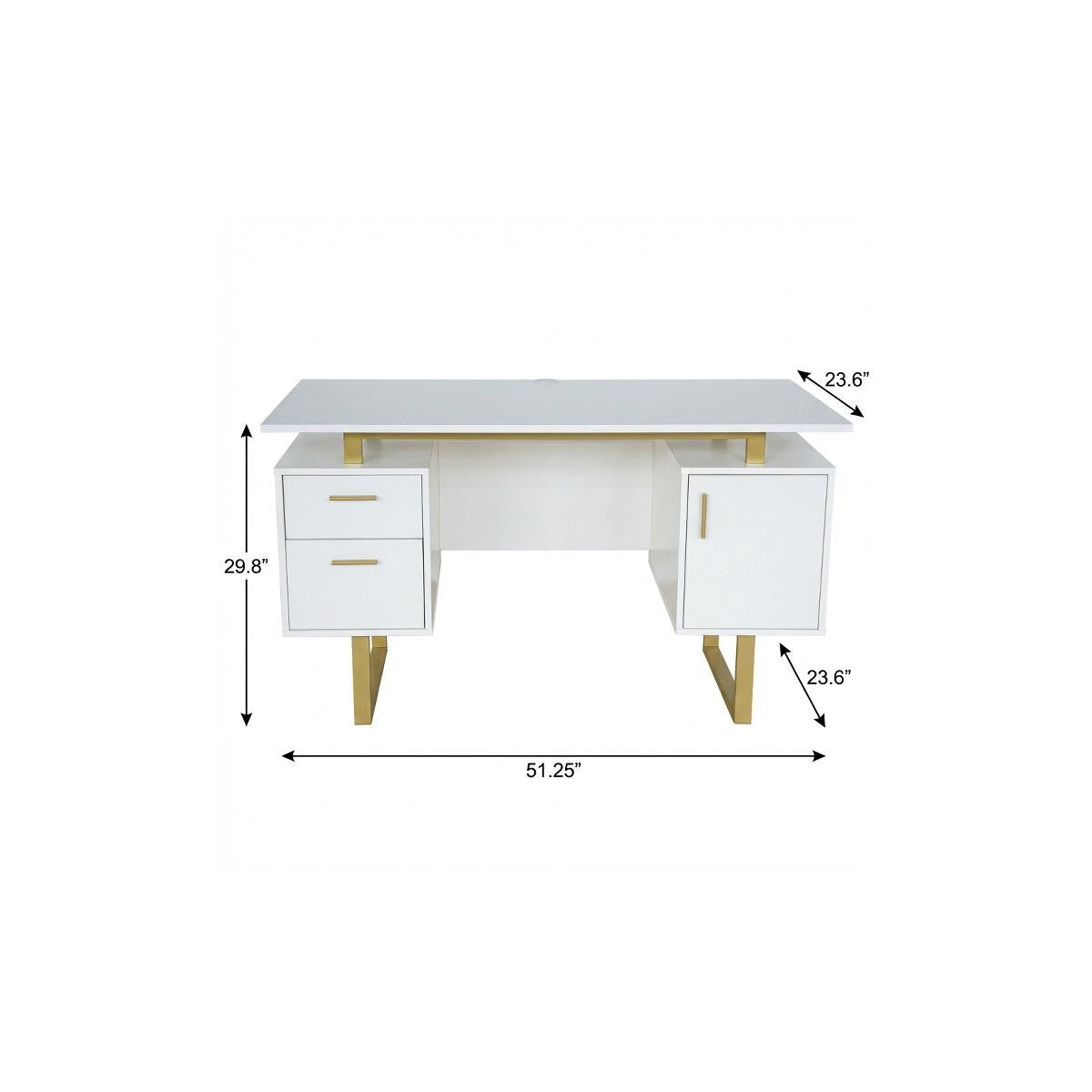 51" White and Gold Wood and Steel Pedestal Executive Desk With Two Drawers